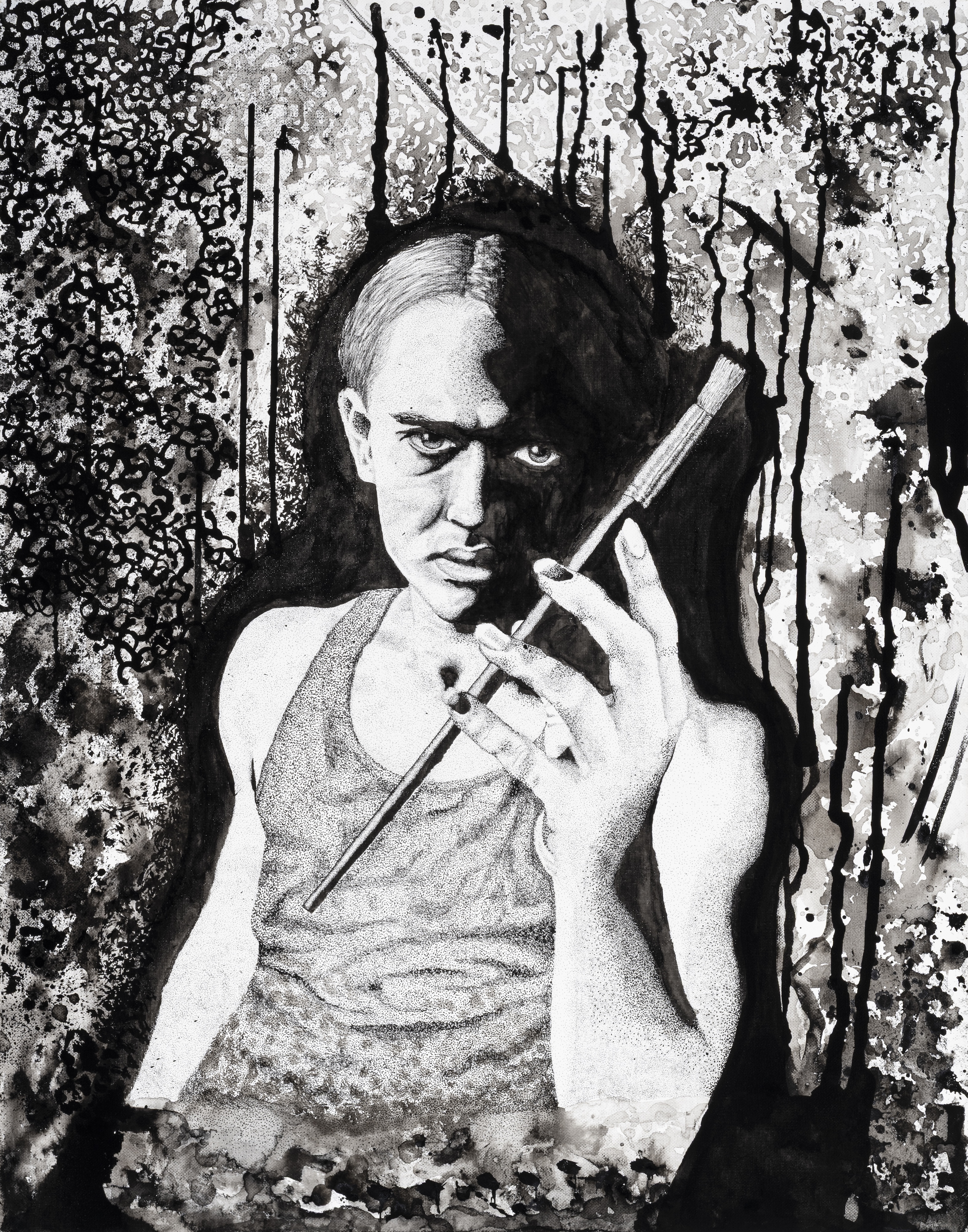 Ability without Direction: a pen-and-ink self-portrait exploring artist’s block through controlled stippling and chaotic ink.