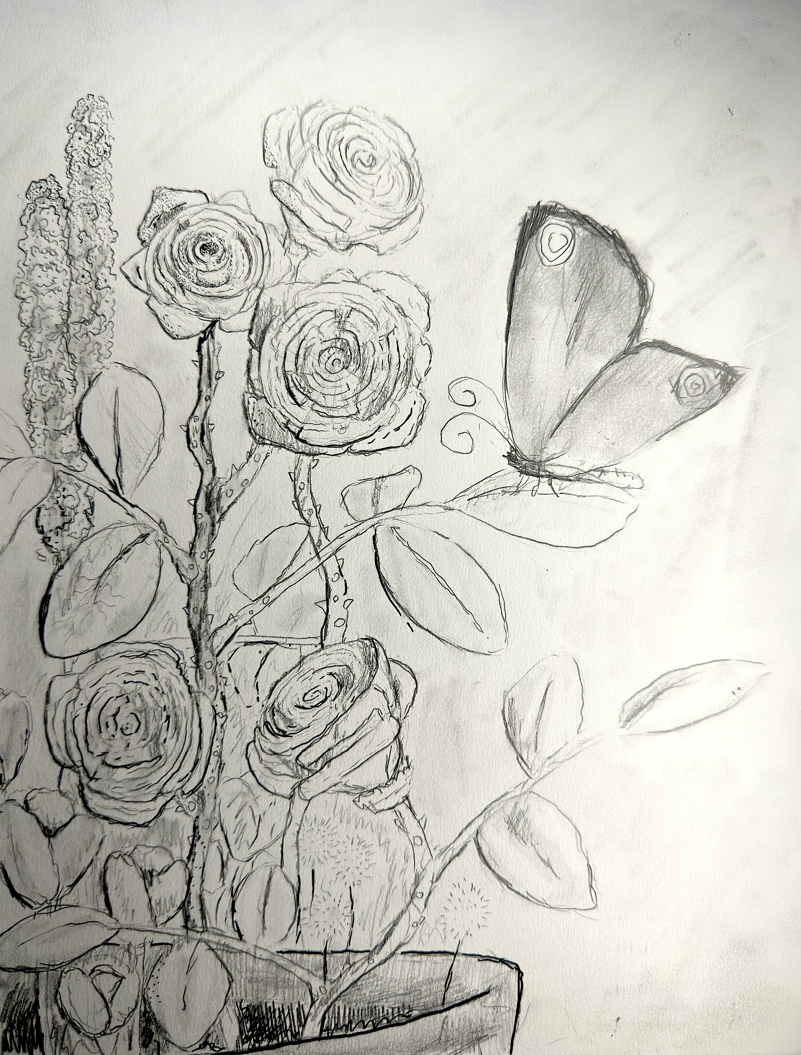 Butterfly and Flowers Sketch: an imaginative graphite drawing pairing natural forms with loose observational sketching.