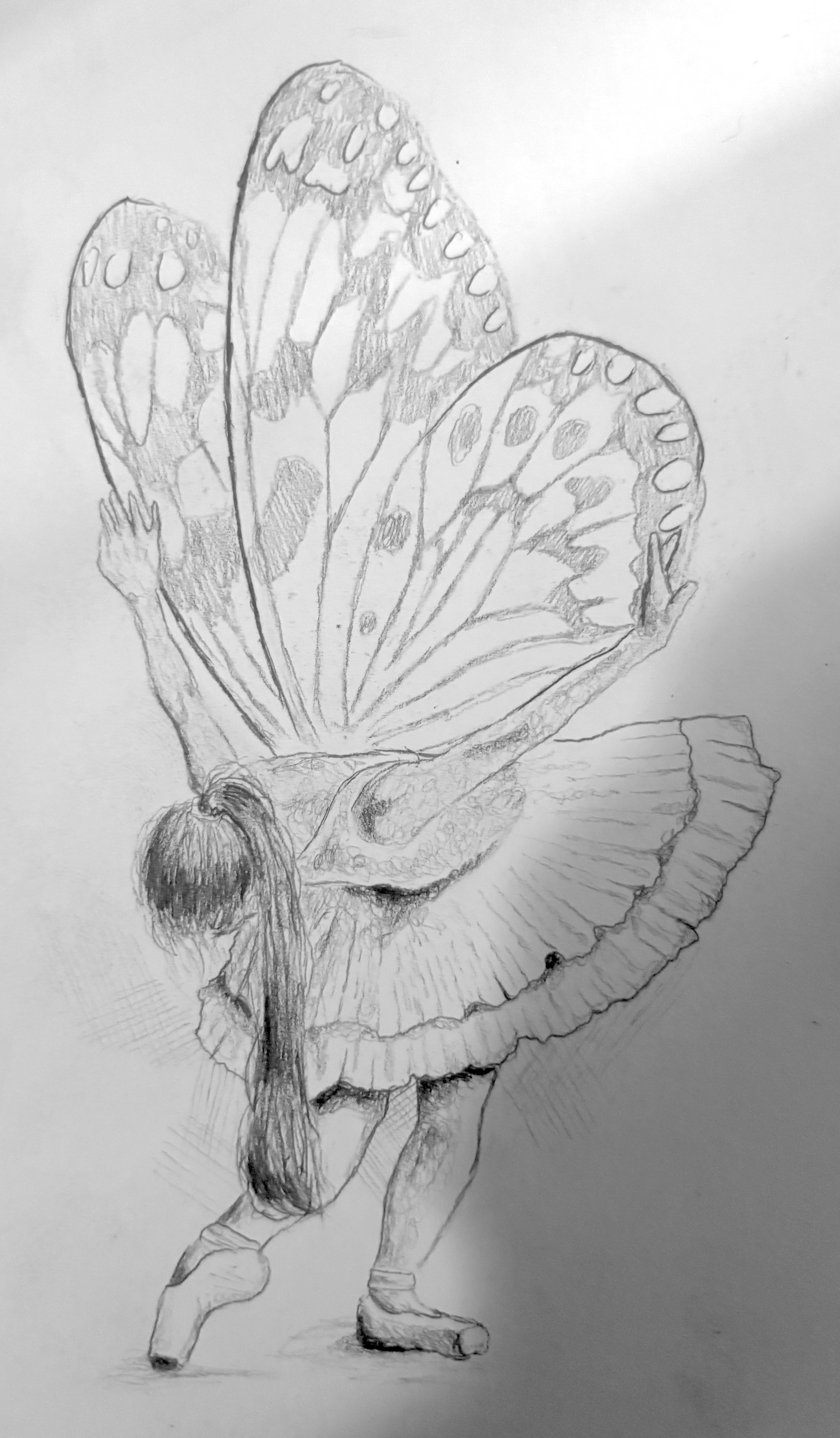 Butterfly Ballet Sketch: a graphite drawing combining an imagined dancer and butterfly wings in an expressive, encouraging composition.