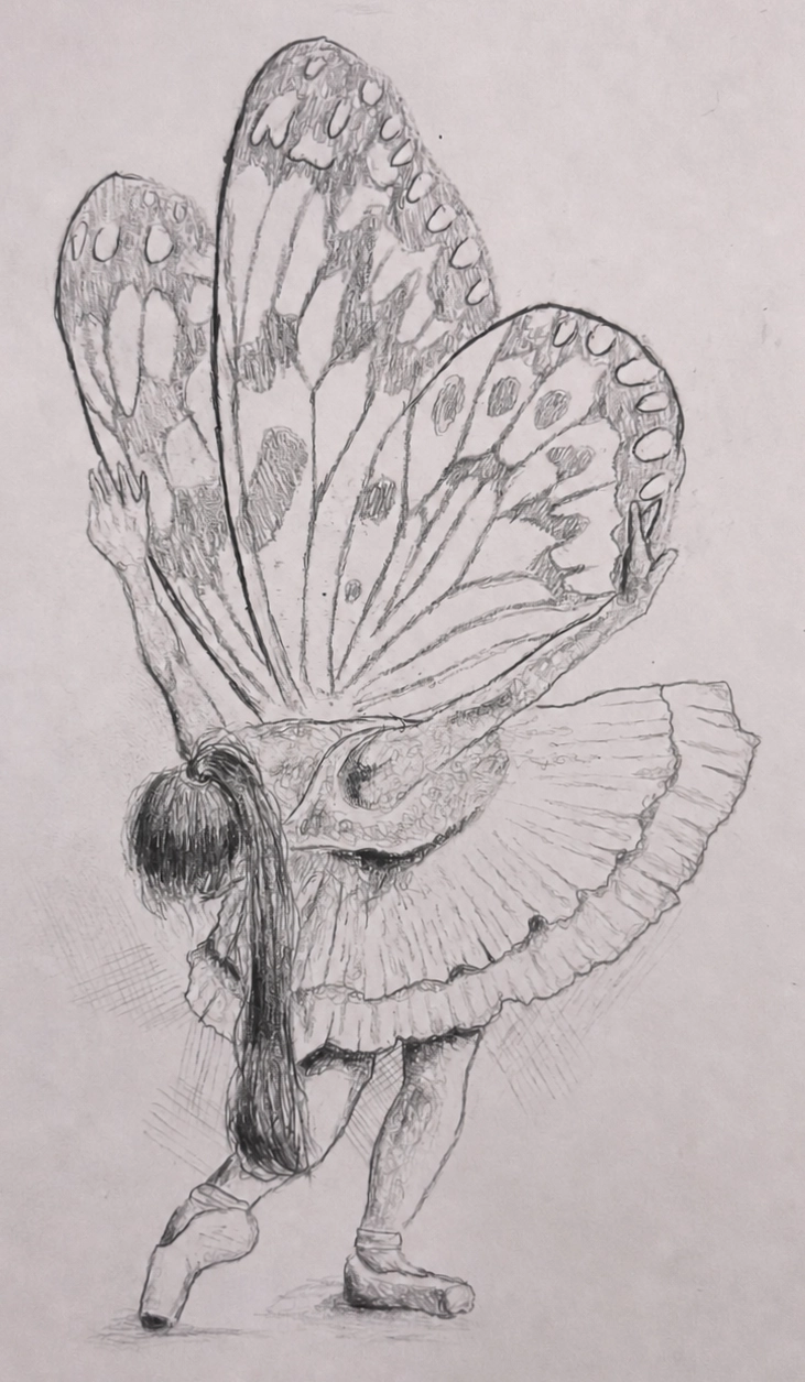 Butterfly Ballet Sketch: a pencil drawing of a ballet dancer in a pleated tutu, pointe shoes, and long hair, with three large patterned butterfly wings rising behind the figure.