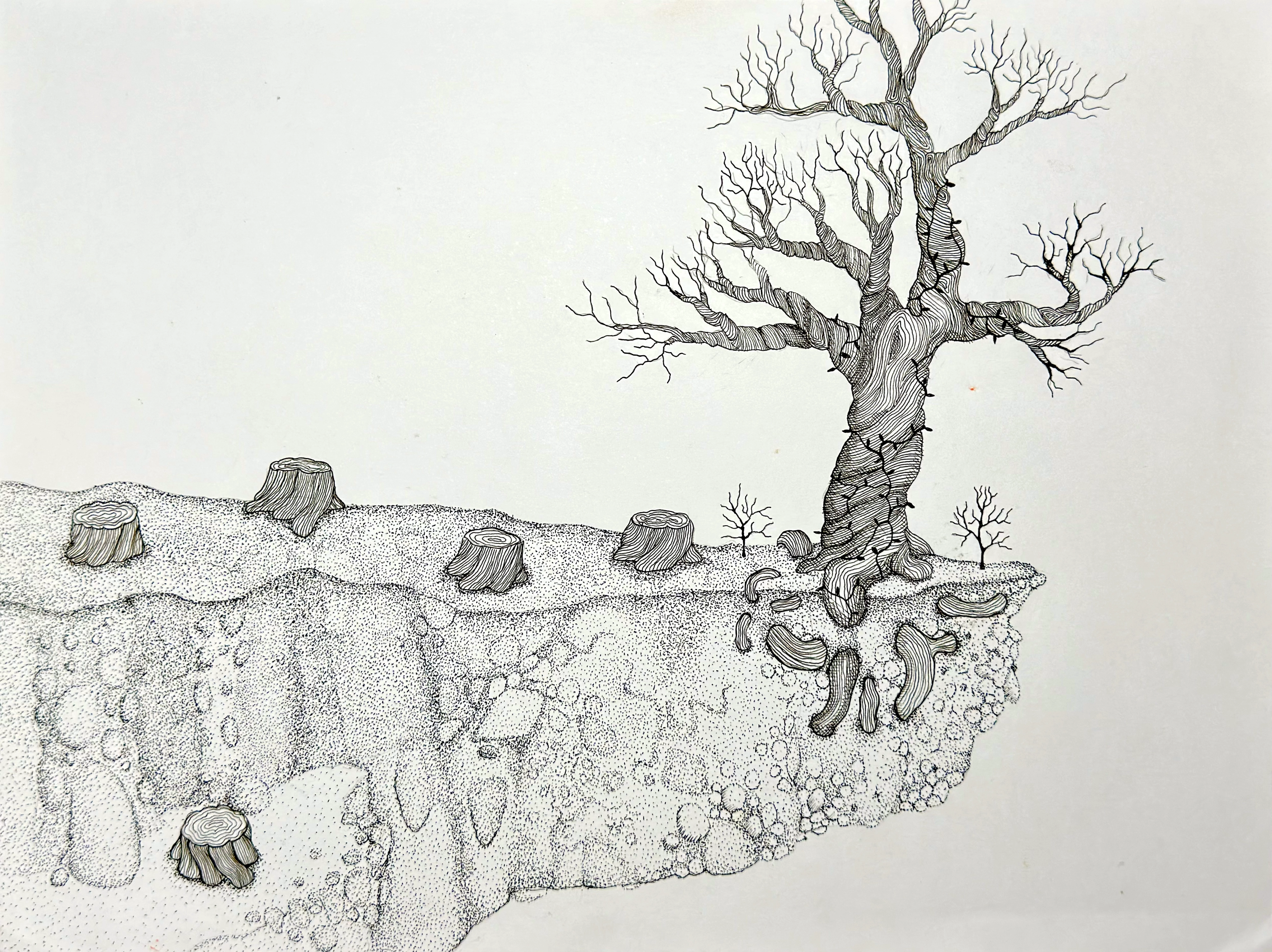 Cliff of Inevitability: a black-and-white stippled landscape of a cutaway cliff with exposed soil and roots, scattered tree stumps, and a large twisted leafless tree growing at the edge.