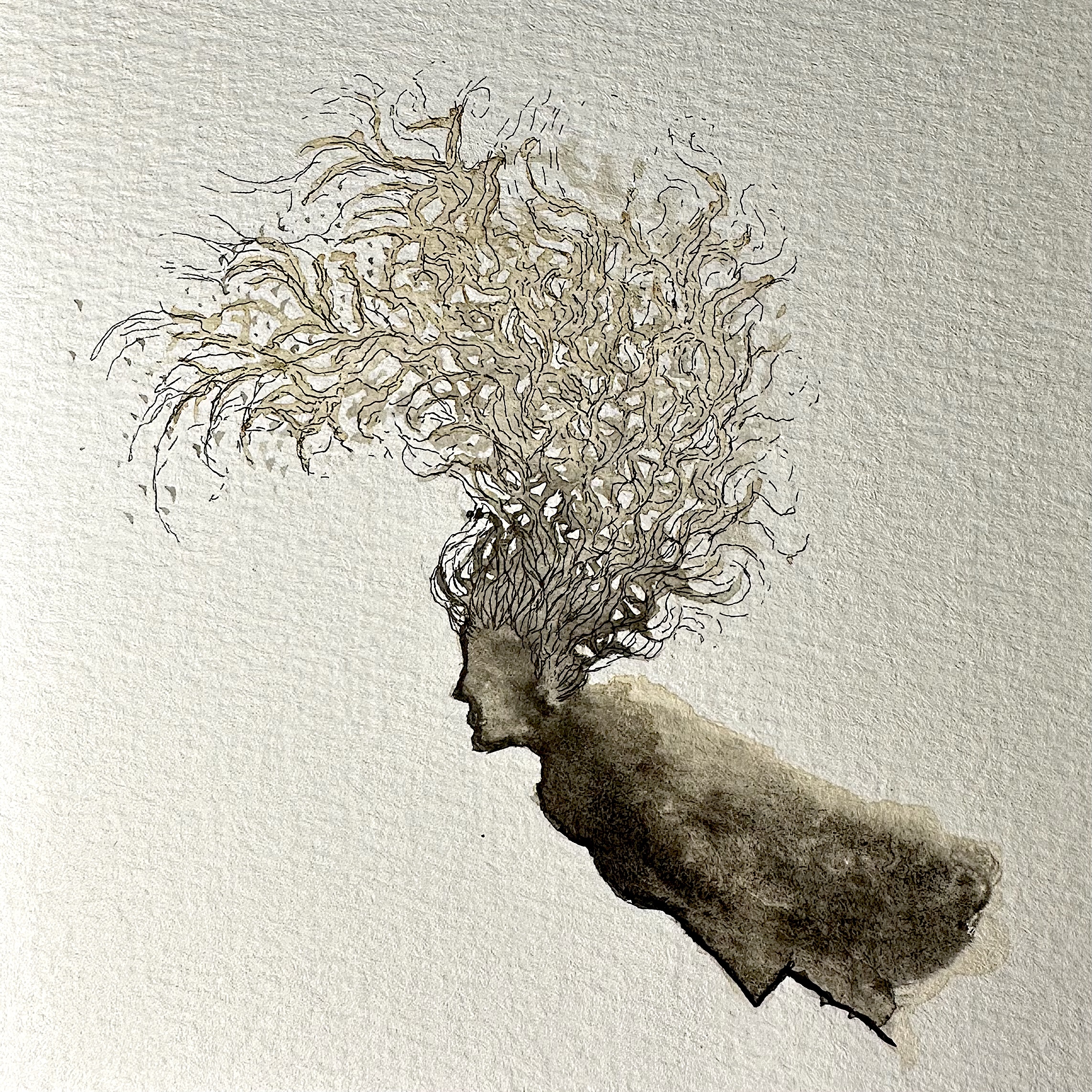 Coffee Experiment: a mixed-media drawing combining coffee washes with precise Micron linework to explore an unconventional material.