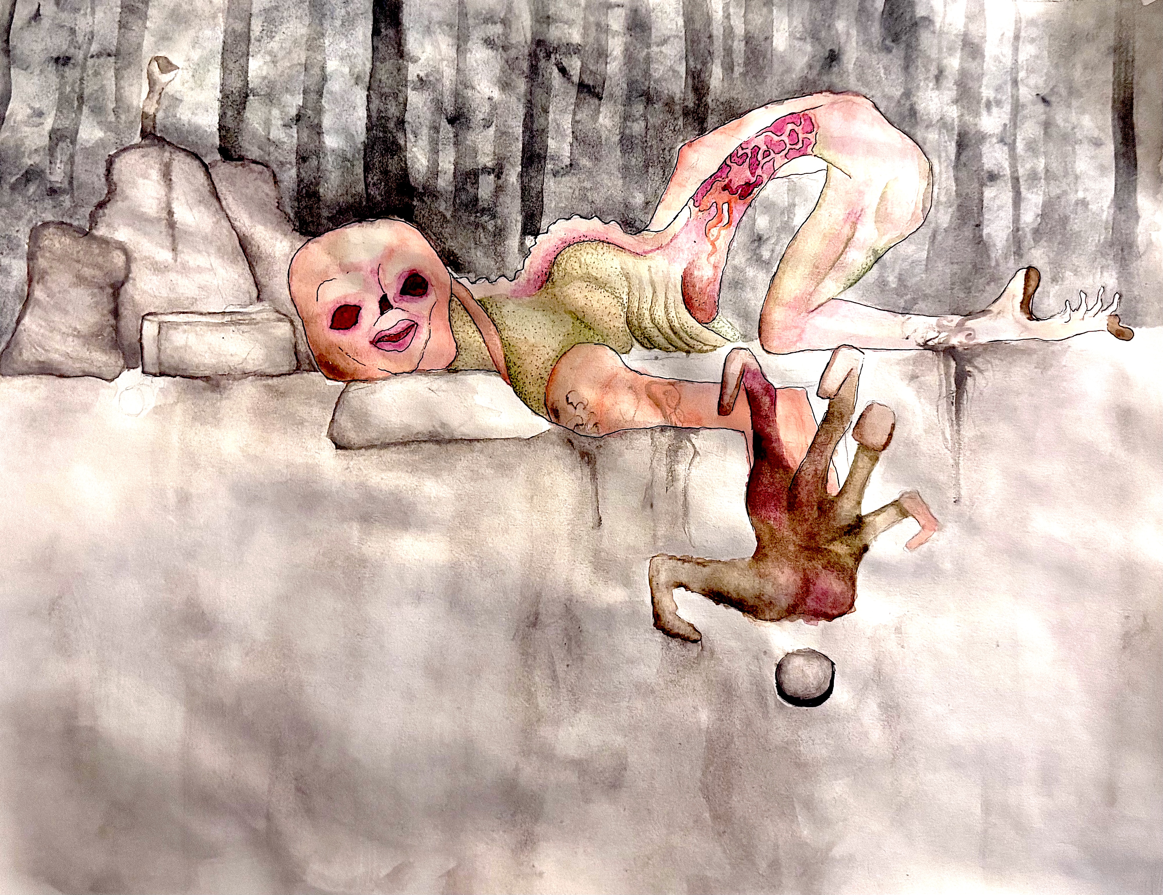 Covetousness: a Micron pen and watercolor work exploring how relentless desire for what others possess can become self-destructive.