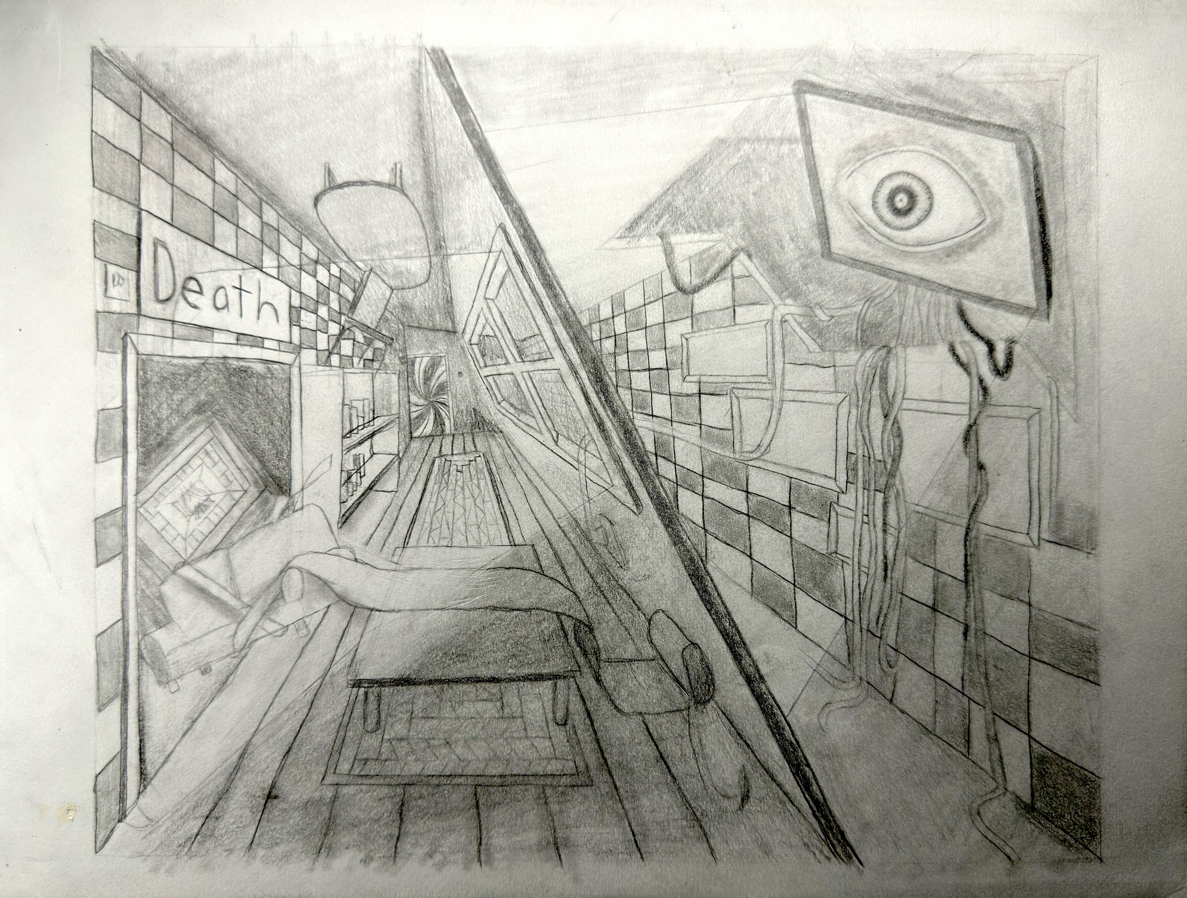 Death: a graphite drawing using imaginative symbolism and controlled shading to explore mortality.