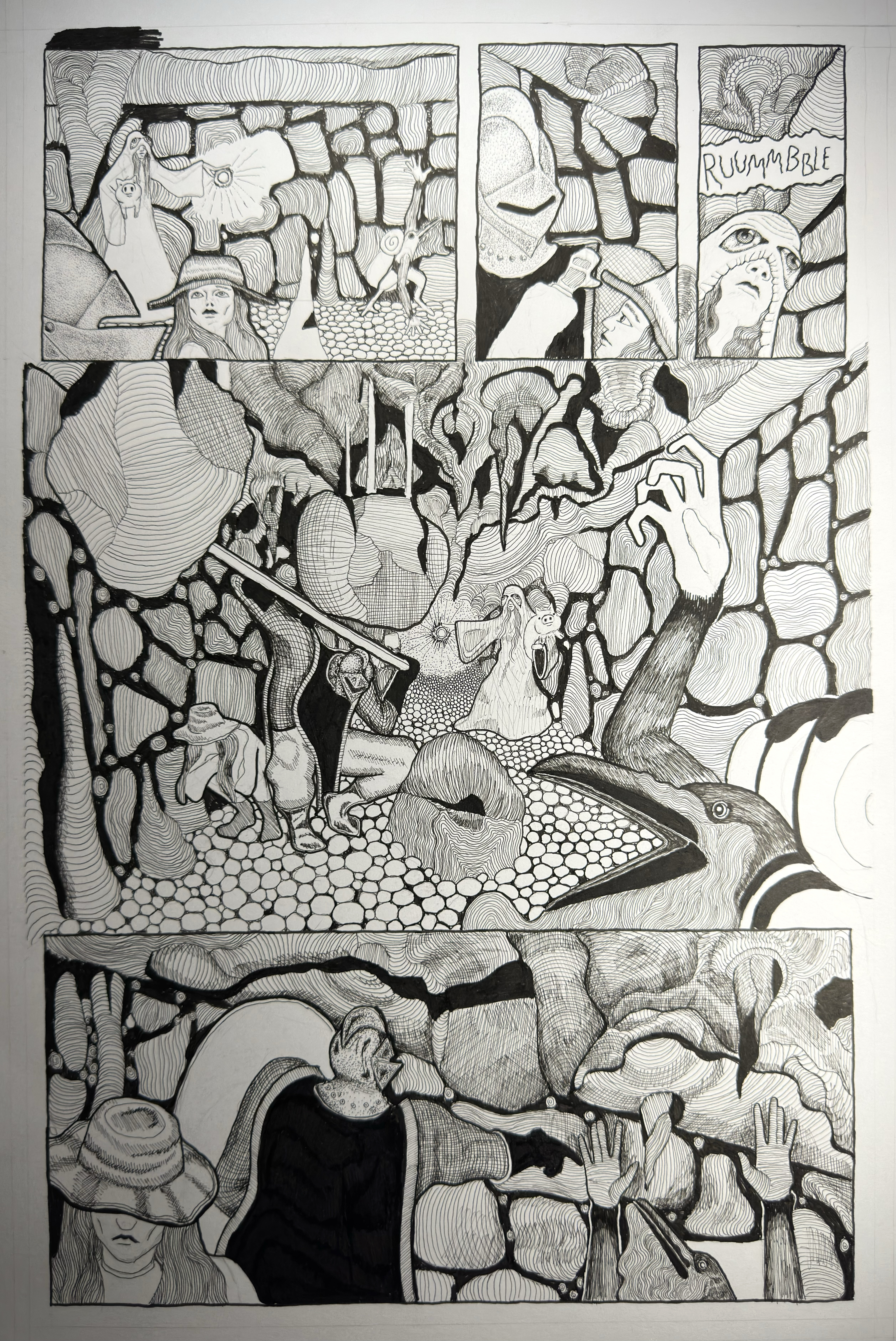“Deepest Catacombs” Comic Book Page: a Micron pen comic page combining sequential storytelling, imaginative character work, and controlled hatching.