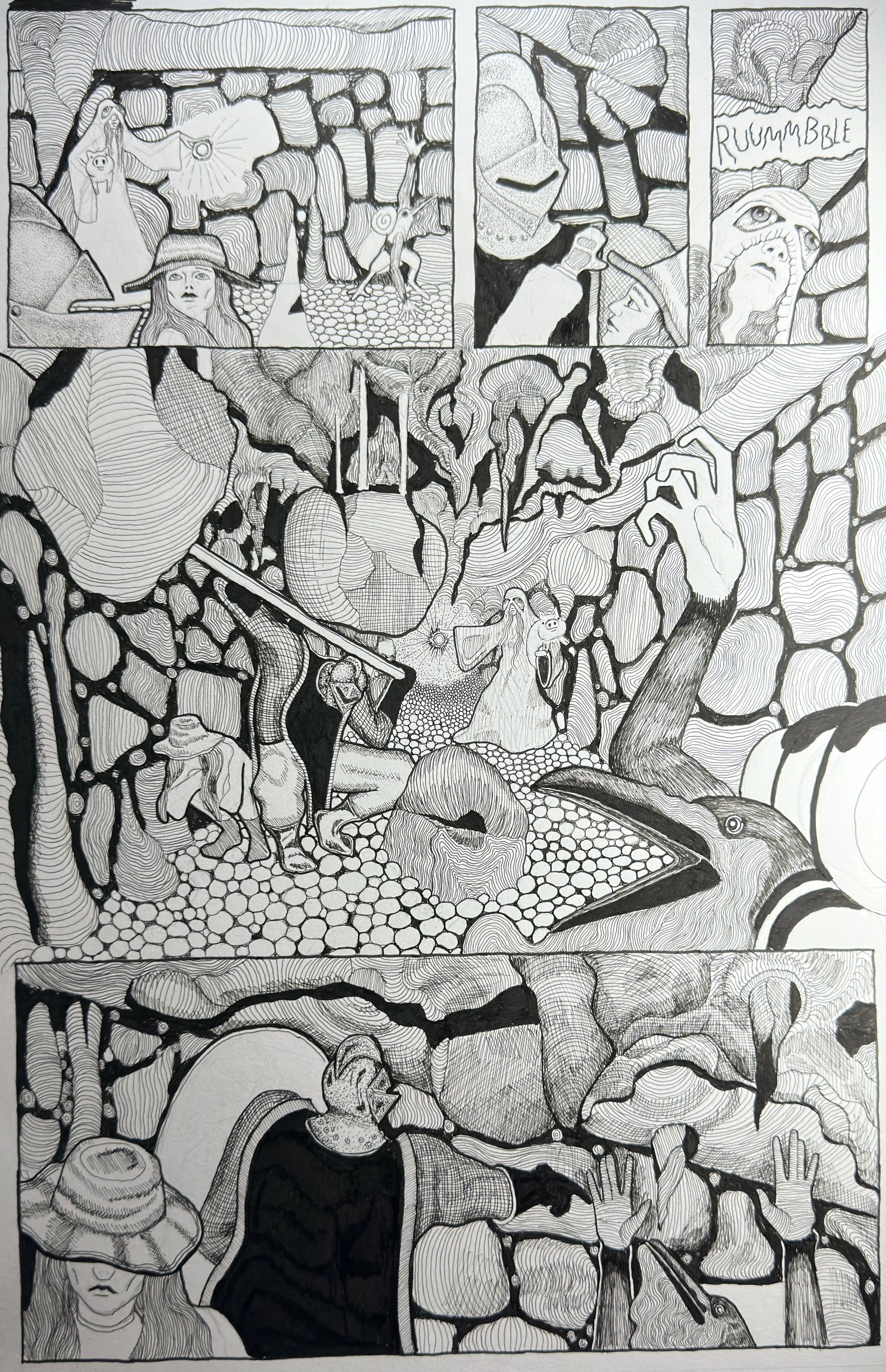 Deepest Catacombs, a dense black-and-white comic page filled with cavern panels, explorers, monsters, bats, and figures moving through rounded stone textures