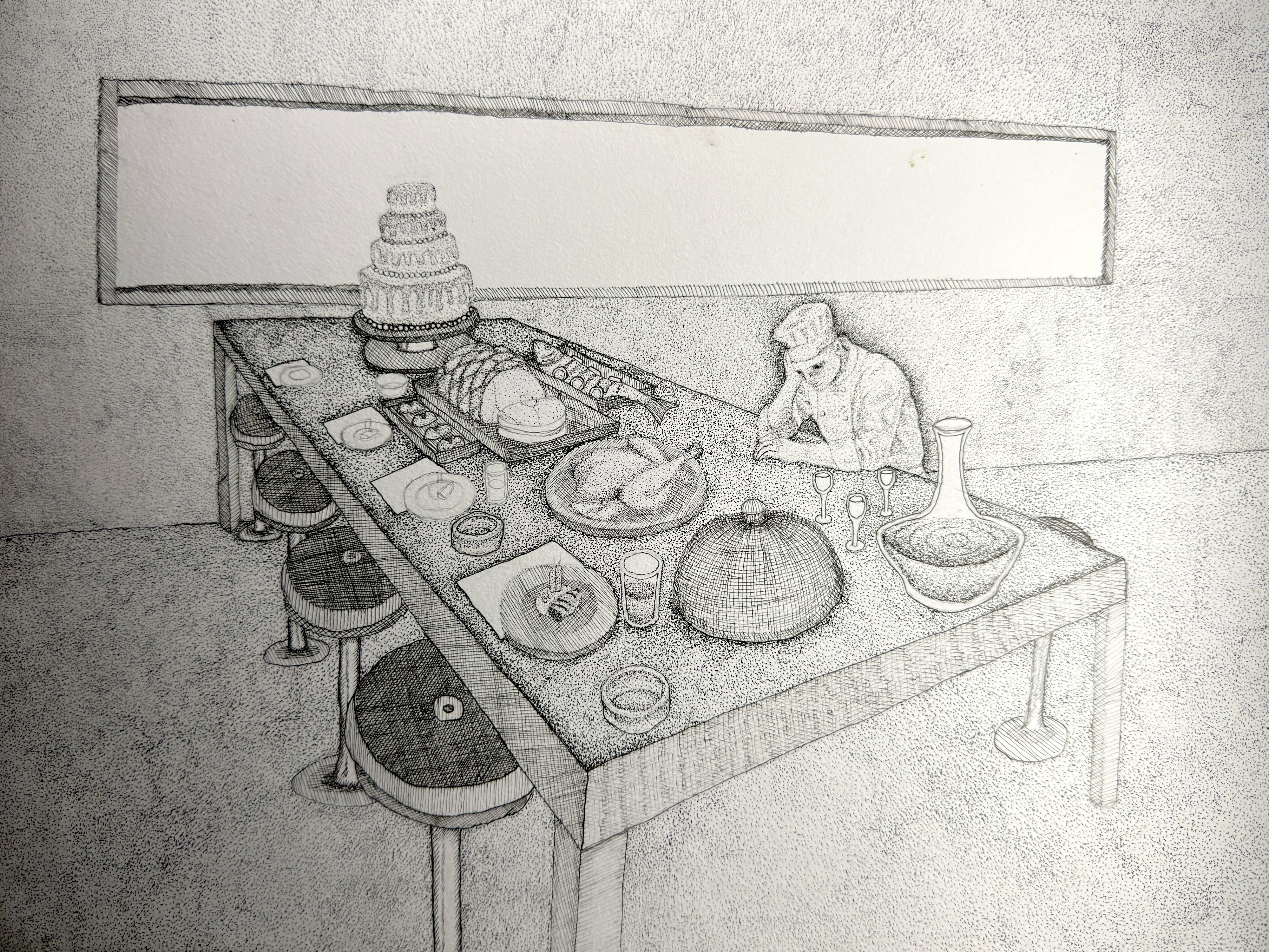 Empty Feast: a detailed Micron pen self-portrait using stippling and symbolic excess to explore wasted effort and emptiness.
