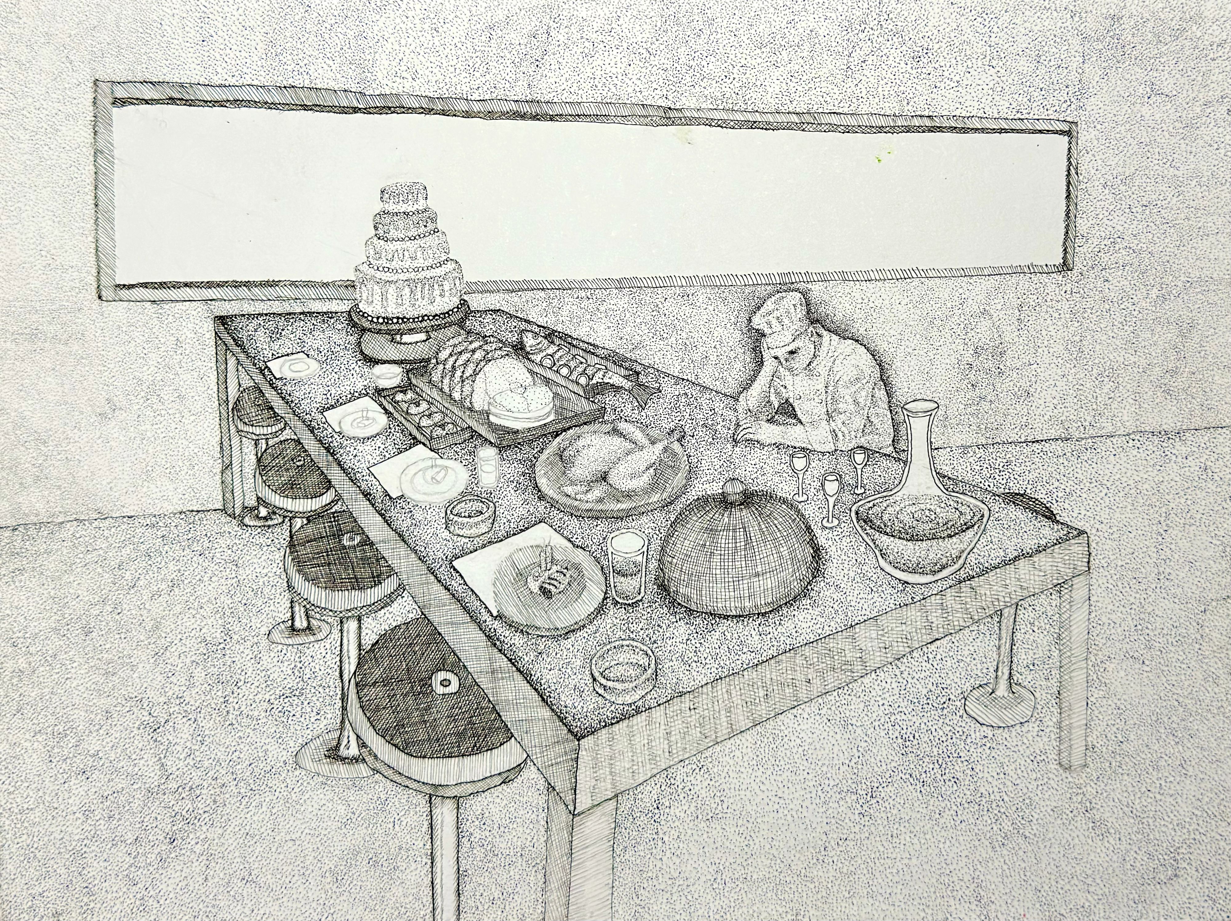Empty Feast: a black-and-white stippled dining scene with a long table crowded by plates, covered dishes, a tiered cake, glasses, and serving vessels, while a hunched figure sits at the far end.