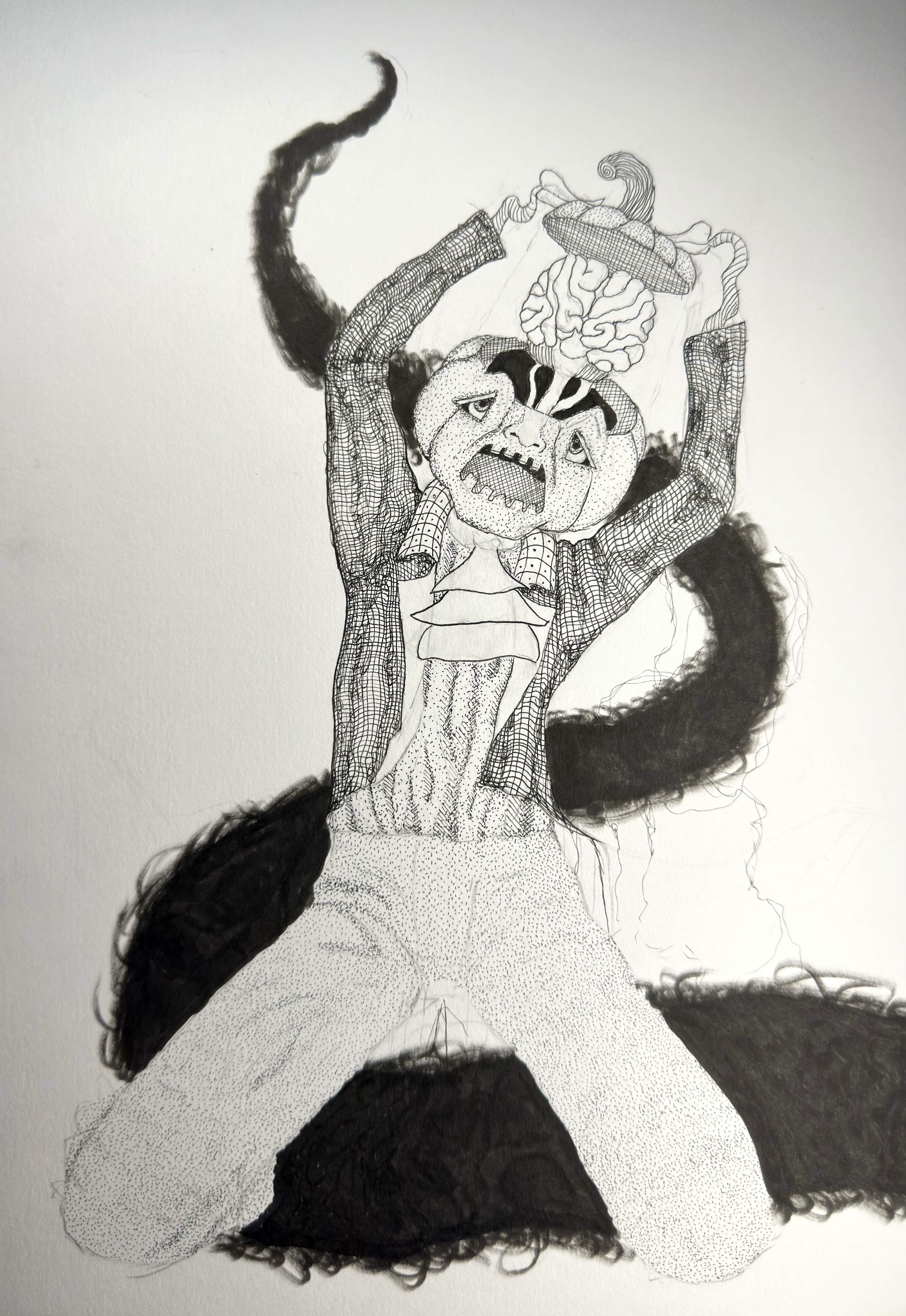 Erupting Mind: a Micron pen and brush drawing visualizing mental overload through stippling, linework, and eruptive forms.