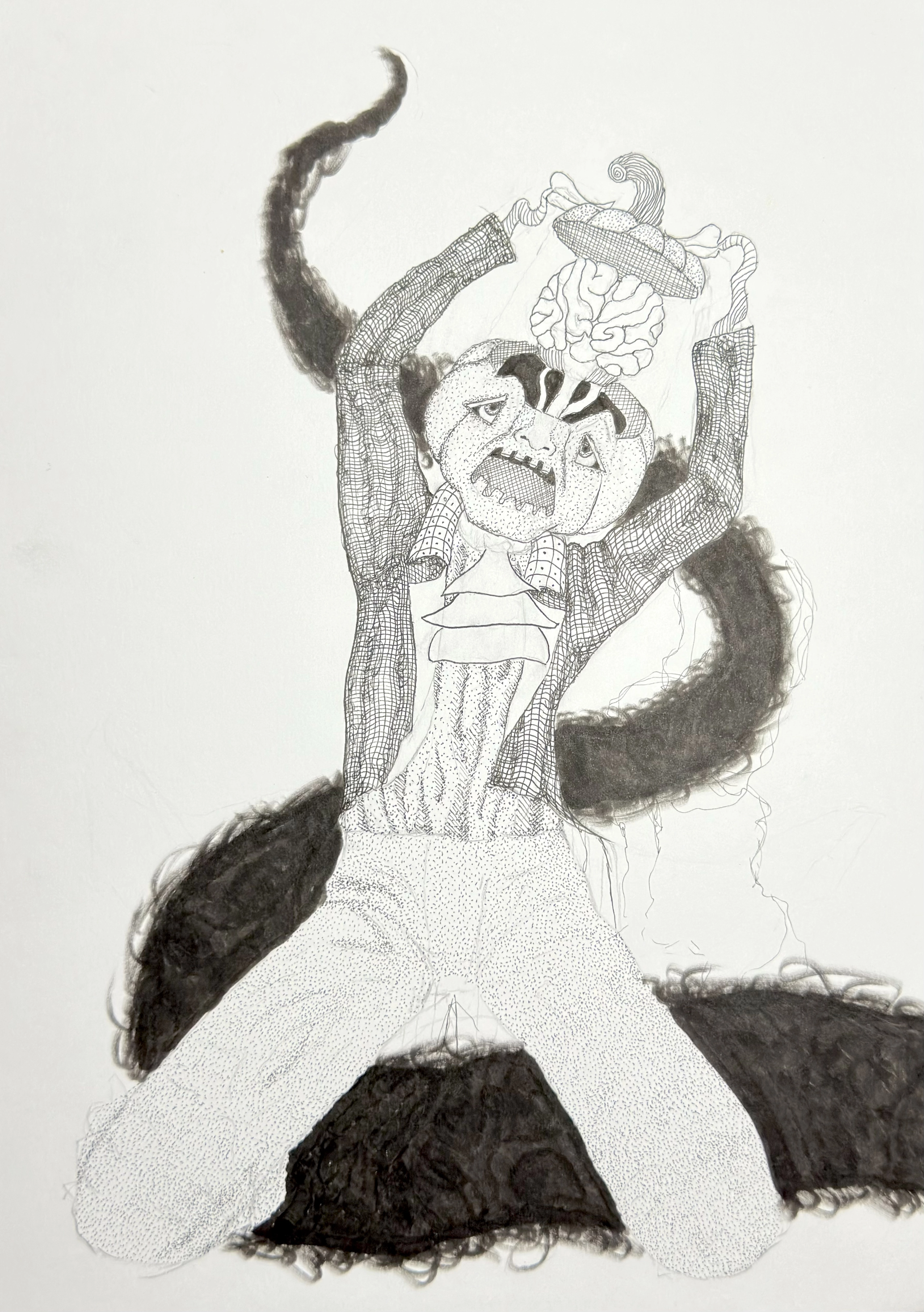 Erupting Mind, a black-and-white figure with an exposed brain and raised arms, wearing a patterned coat while dark eruptive forms surround the body