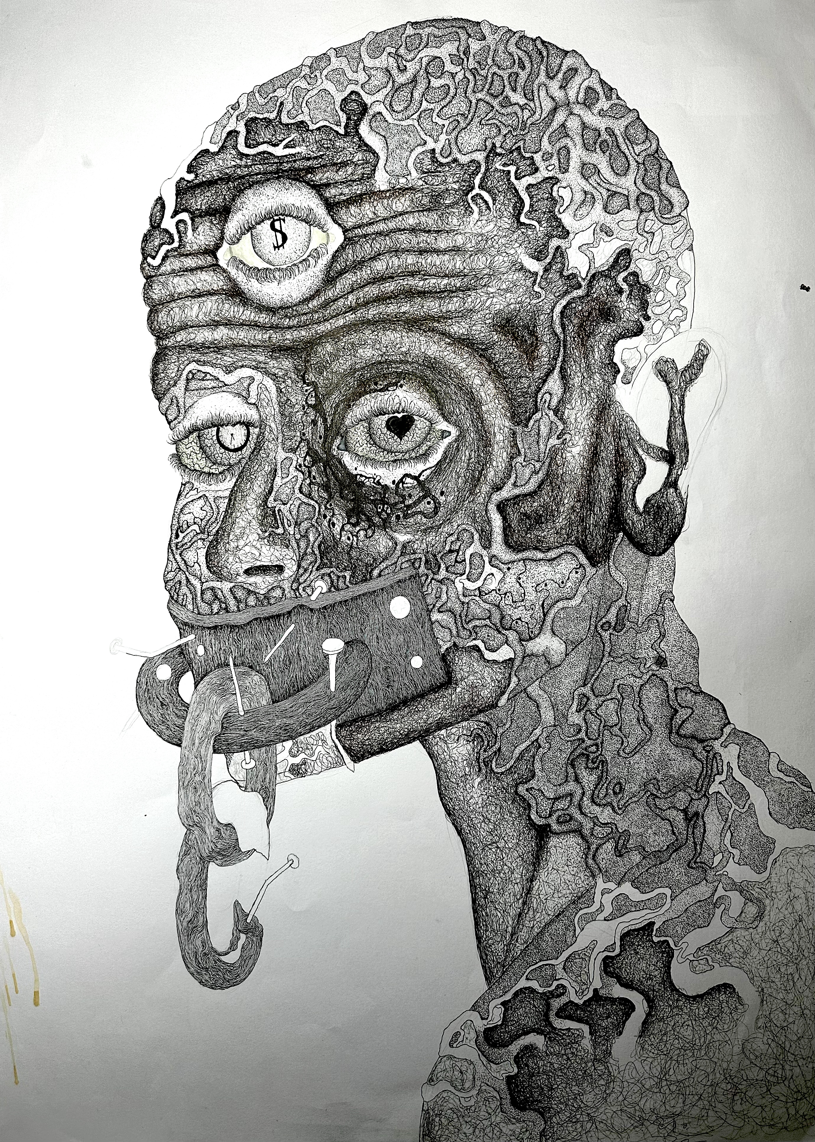 Face of Envy: a calligraphy-pen and marker drawing transforming envy of money, time, and love into a symbolic three-eyed figure.