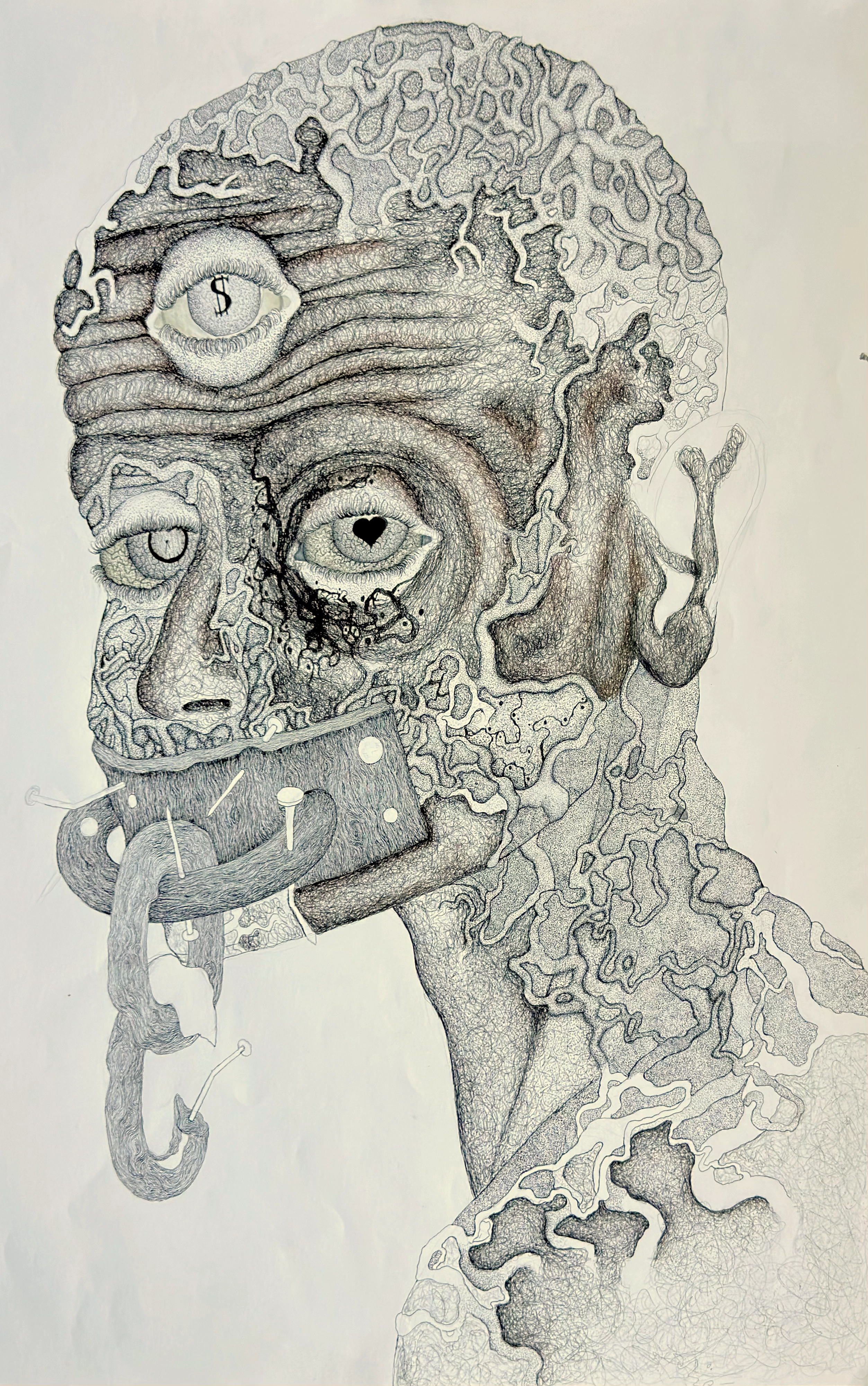 Face of Envy, a detailed black-and-white drawing of a three-eyed figure with a dollar-sign eye, clock-marked eye, and heart-shaped eye, its mouth covered by nailed wooden boards and its body dissolving into stippled organic forms