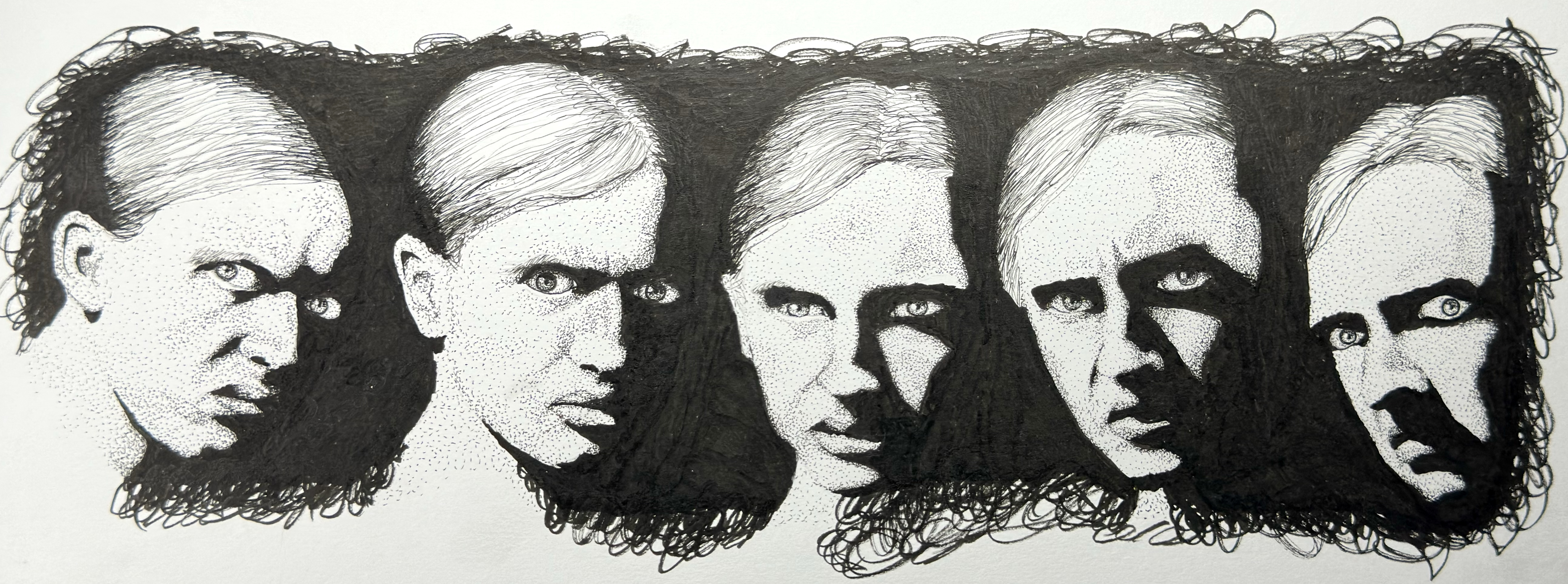 Faces of Judgment: a high-contrast pen self-portrait exploring scrutiny through dramatic shadows, stippling, and experimentation.