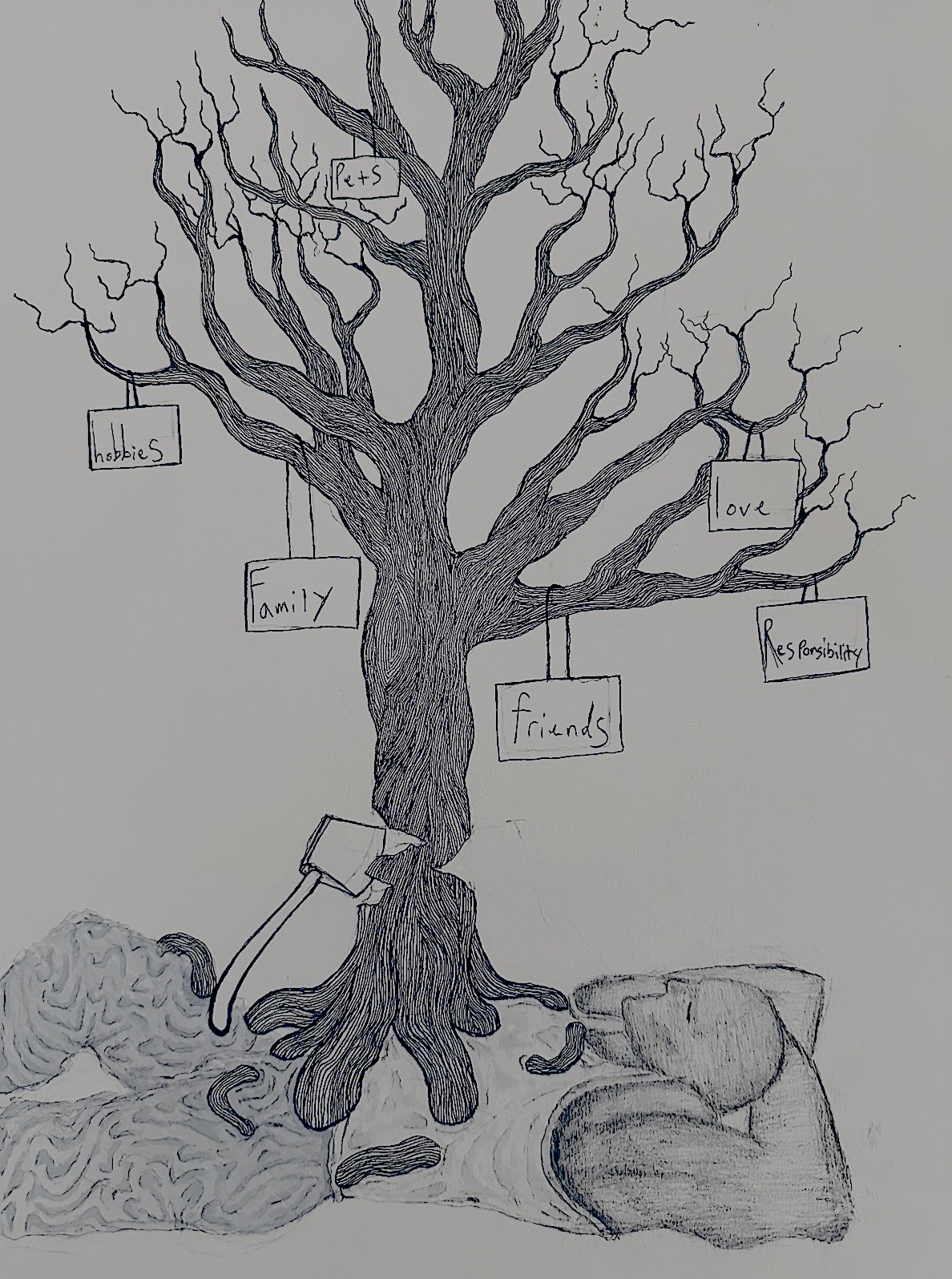 Family Tree: a Micron pen and pencil drawing using imaginative symbolism to explore family relationships and connection.