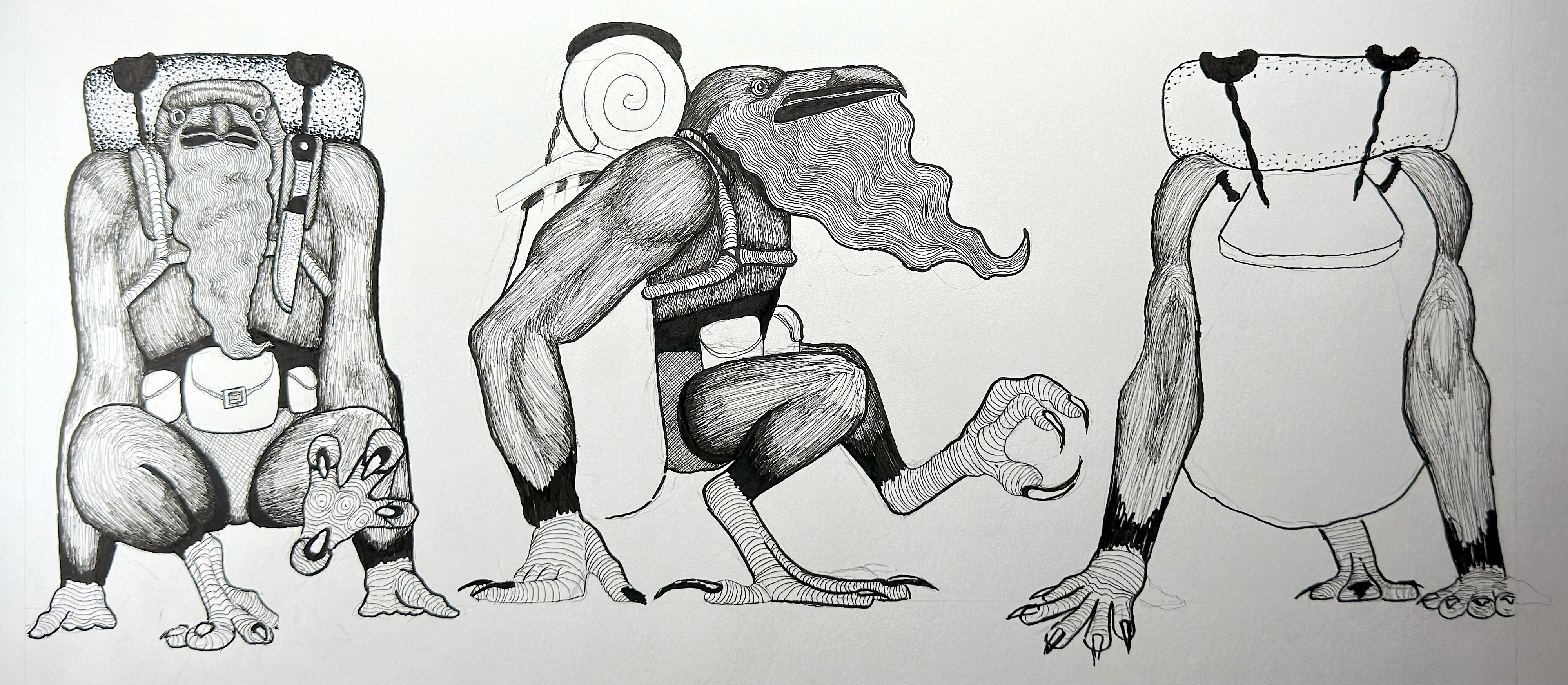 Fingerbones Comic Character, a black-and-white character sheet showing three birdlike humanoid figures with oversized hands, claws, feet, and varied costumes and poses