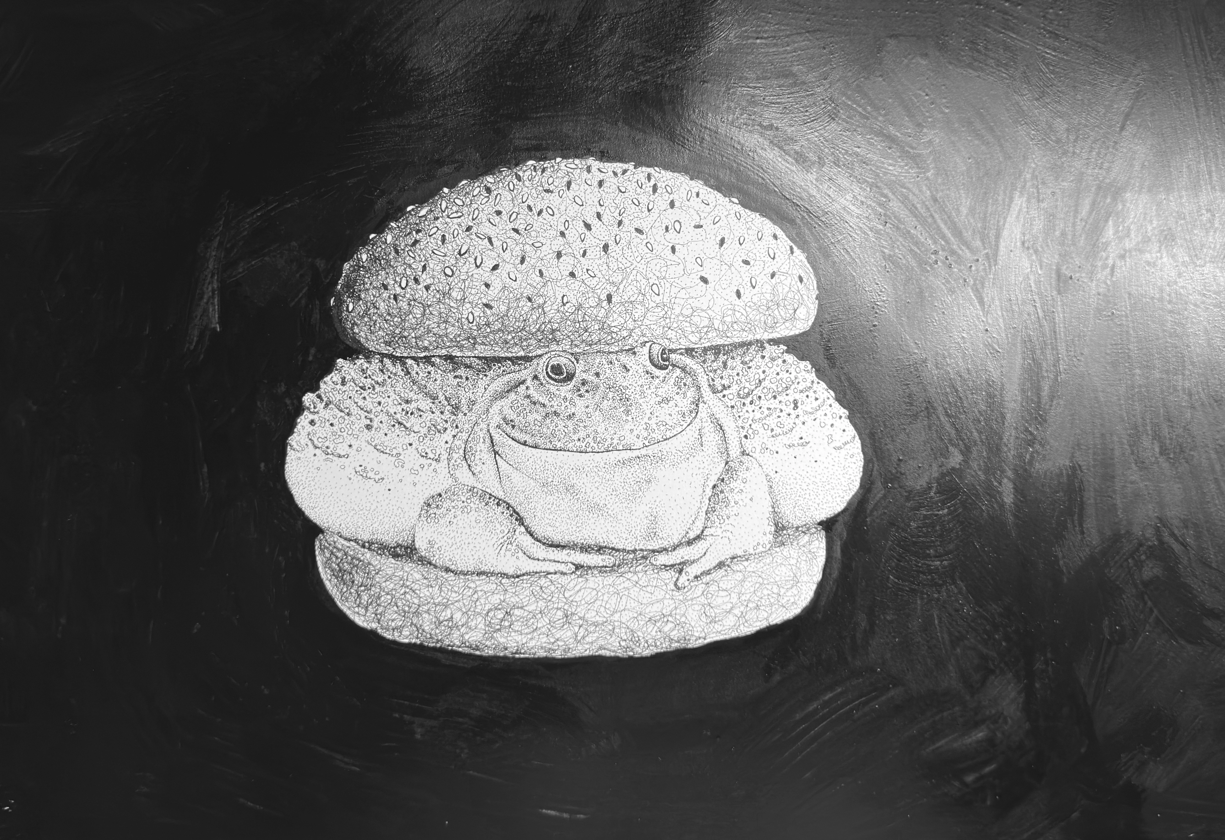 Frog Burger: a black-and-white stippled drawing of a frog sitting between two burger buns against a dark painted background.