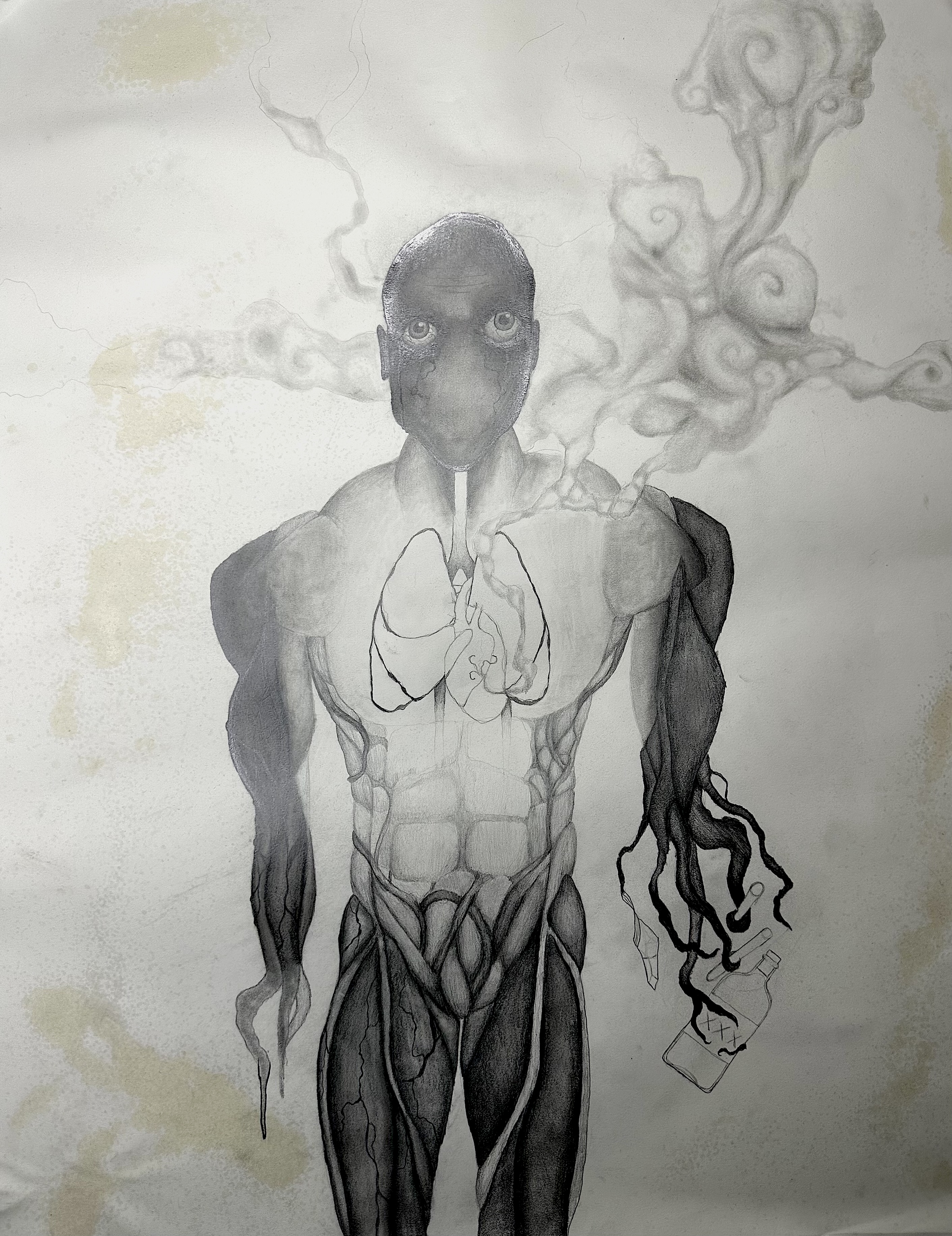 Gluttony: an experimental graphite-and-glue drawing interpreting excess through imaginative imagery and mixed materials.