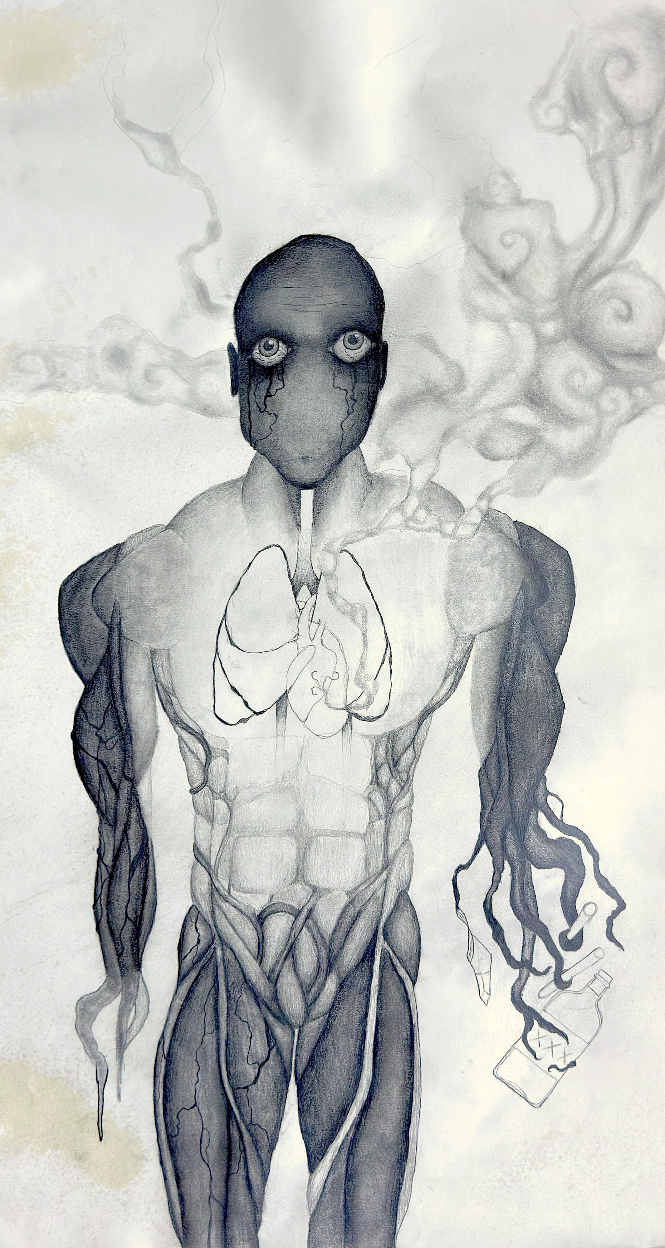 Gluttony, a grayscale figure with a blank dark face, exposed lungs, heavy shoulders, dripping tear-like lines, and smoky curling forms in the background