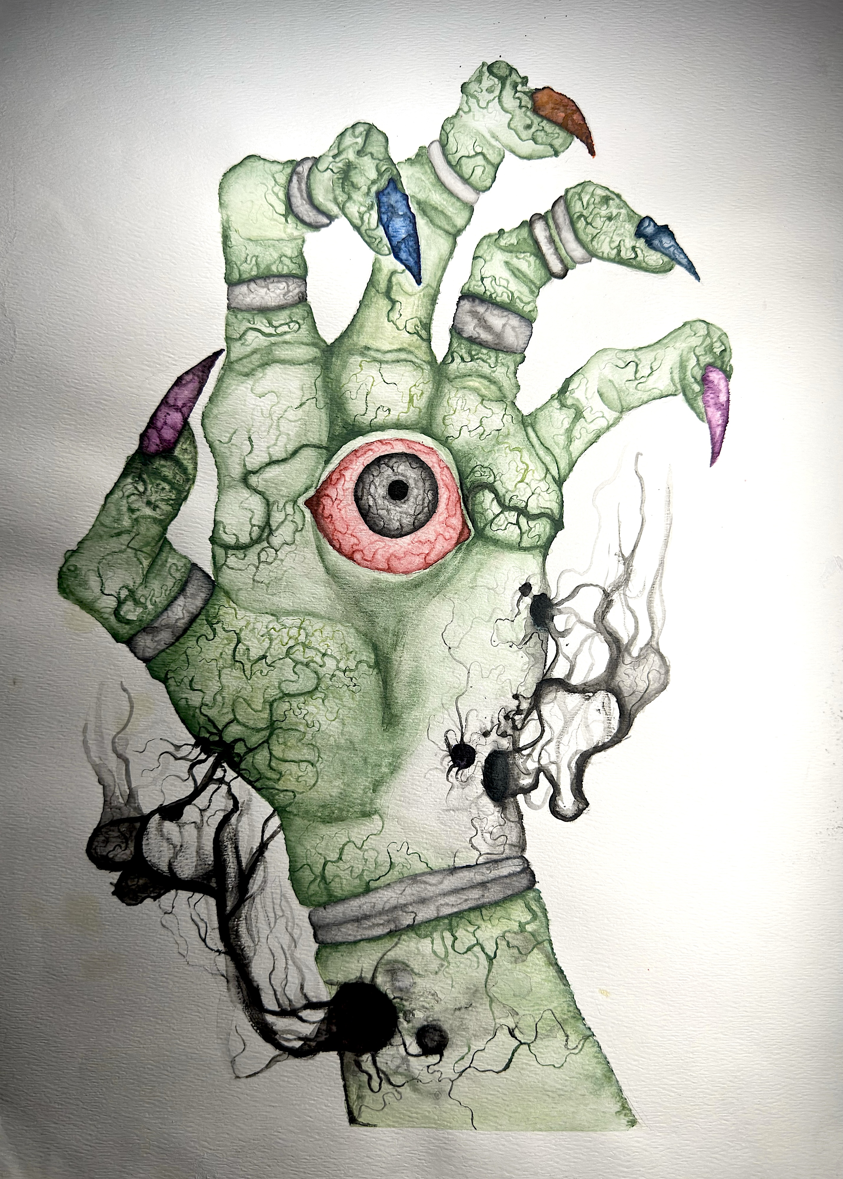 Hand of Greed: a watercolor painting using an expressive hand motif and imaginative symbolism to examine greed.