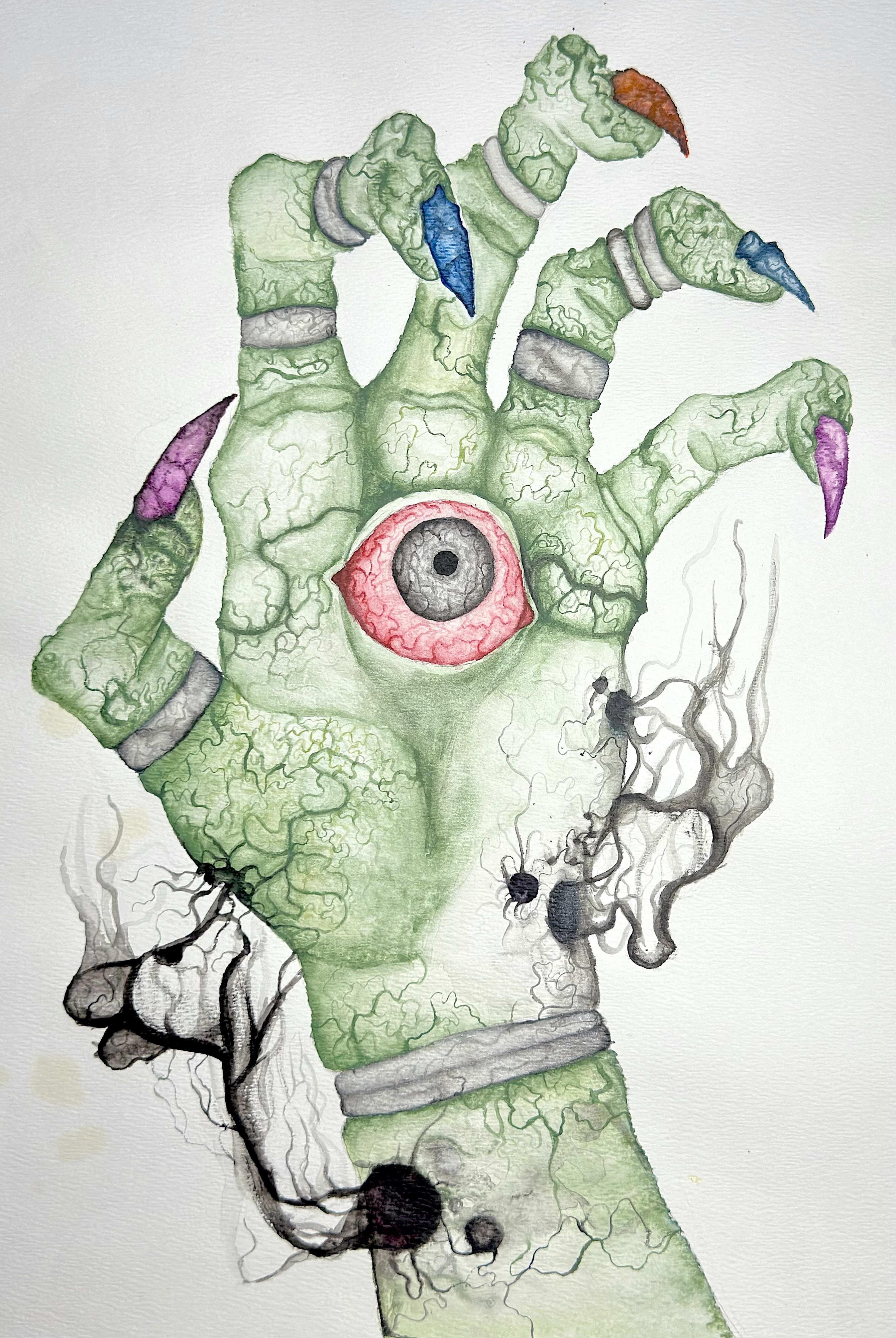 Hand of Greed: a colorful drawing of a large green hand with an eye embedded in its palm, banded fingers, pointed purple, blue, orange, and pink nails, and torn pale forms along the lower edge.