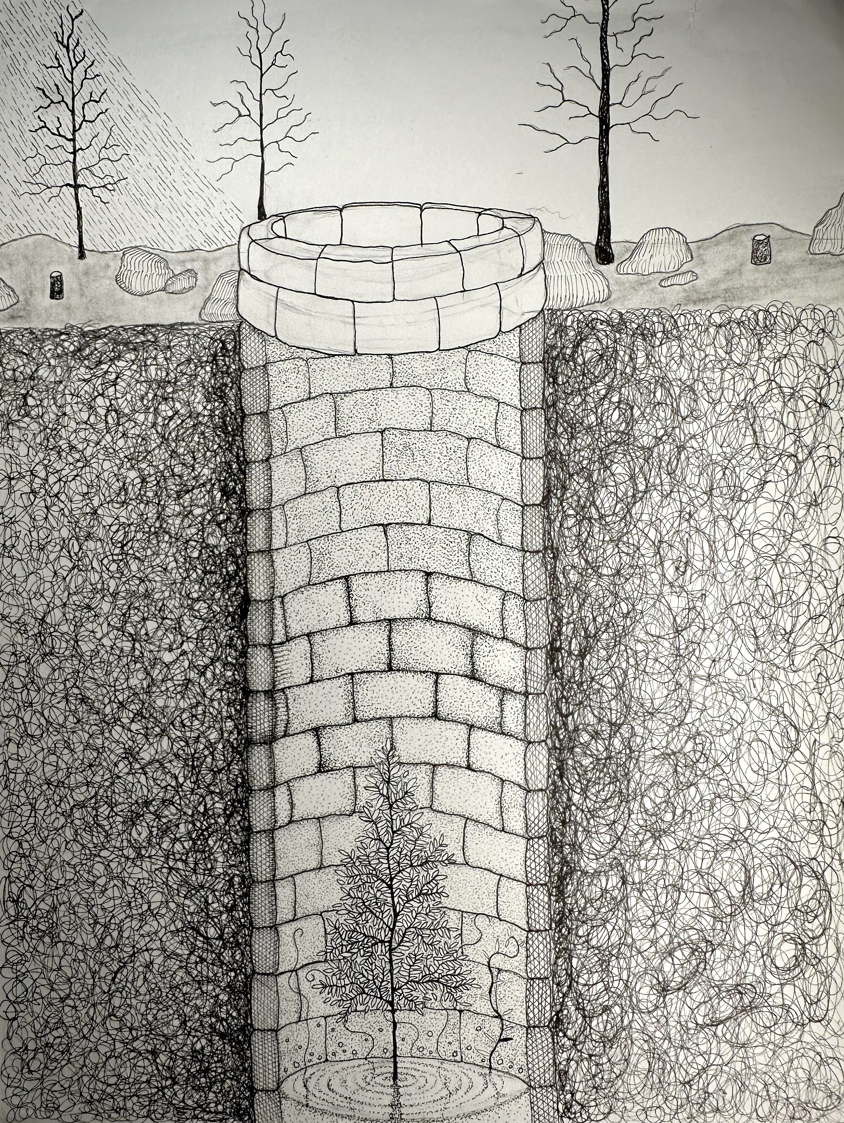Hidden Life: a detailed pen drawing using a well, underground tree, and varied textures to explore the complexity beneath appearances.