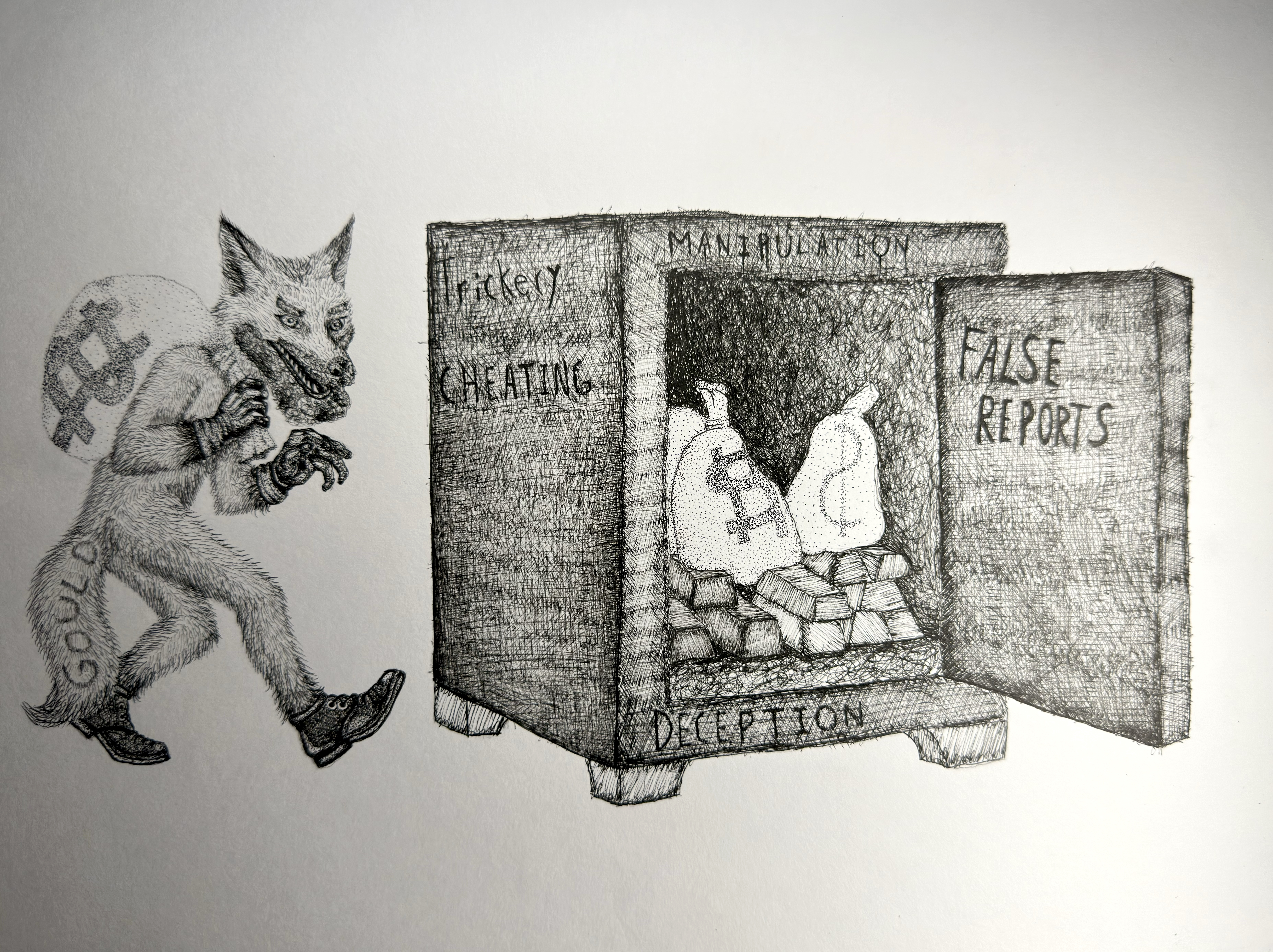 Jay Gould Political Cartoon: a Micron pen illustration combining historical subject matter, symbolism, stippling, and hatching.