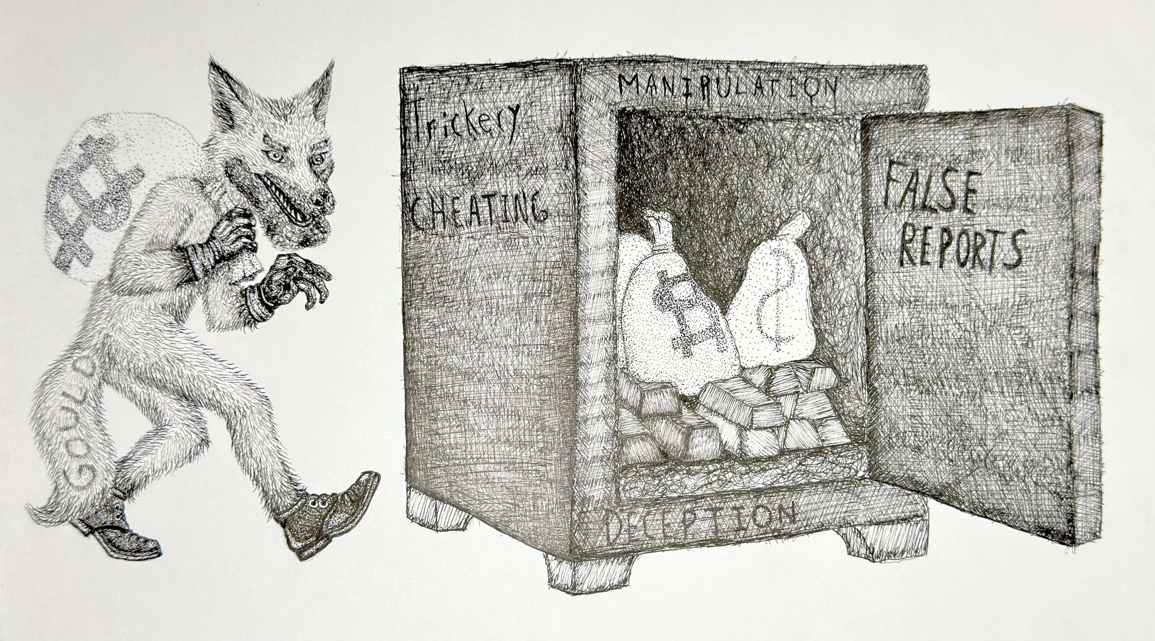 Jay Gould Political Cartoon: a black-and-white political cartoon showing a sharp-toothed wolf-like figure holding a money bag beside an open box labeled “Trickery,” “Cheating,” “Manipulation,” and “False Reports.”