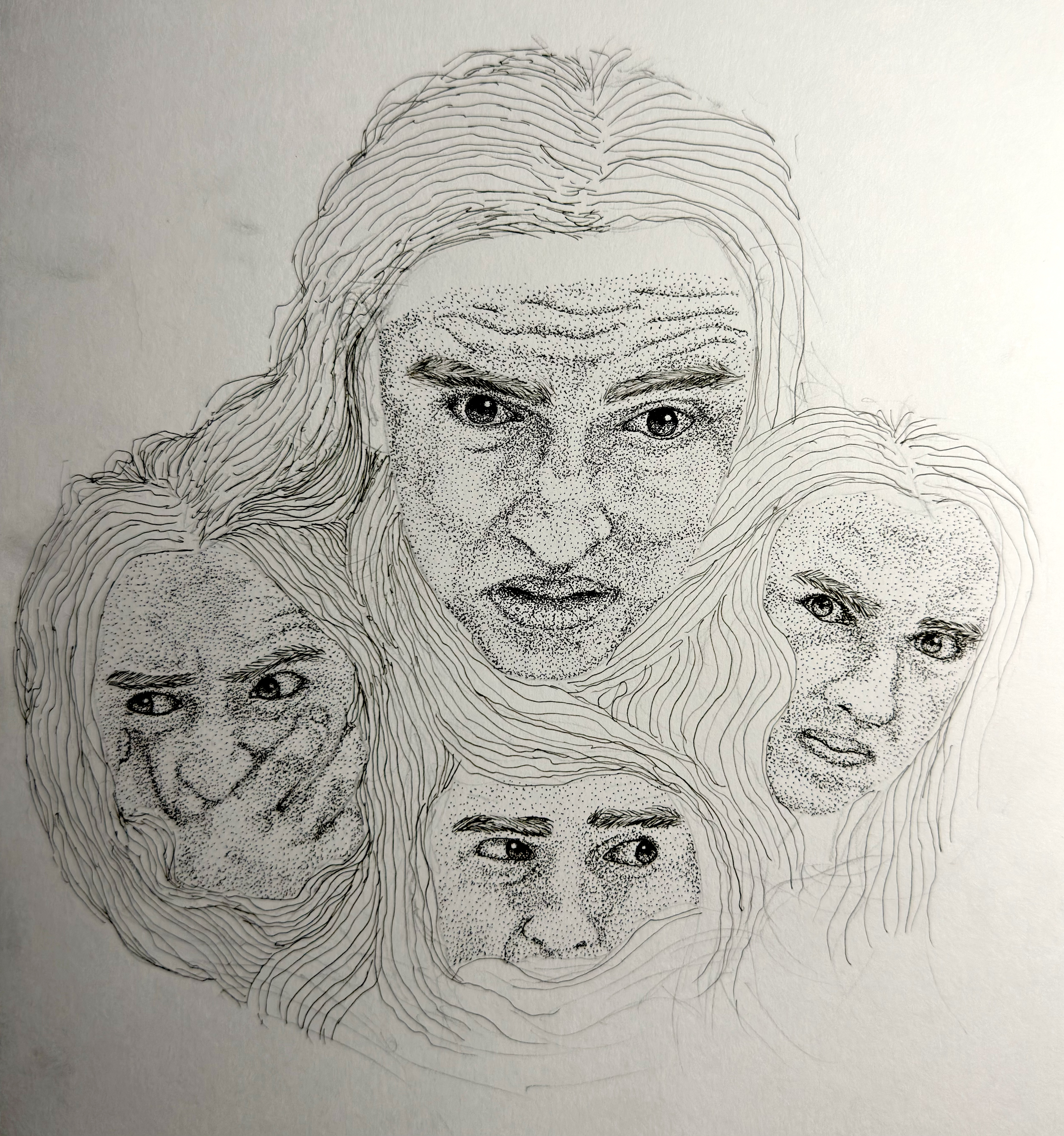 Long Hair Stress: a stippled Micron pen self-portrait exploring uncertainty, identity, and the decision to grow long hair.