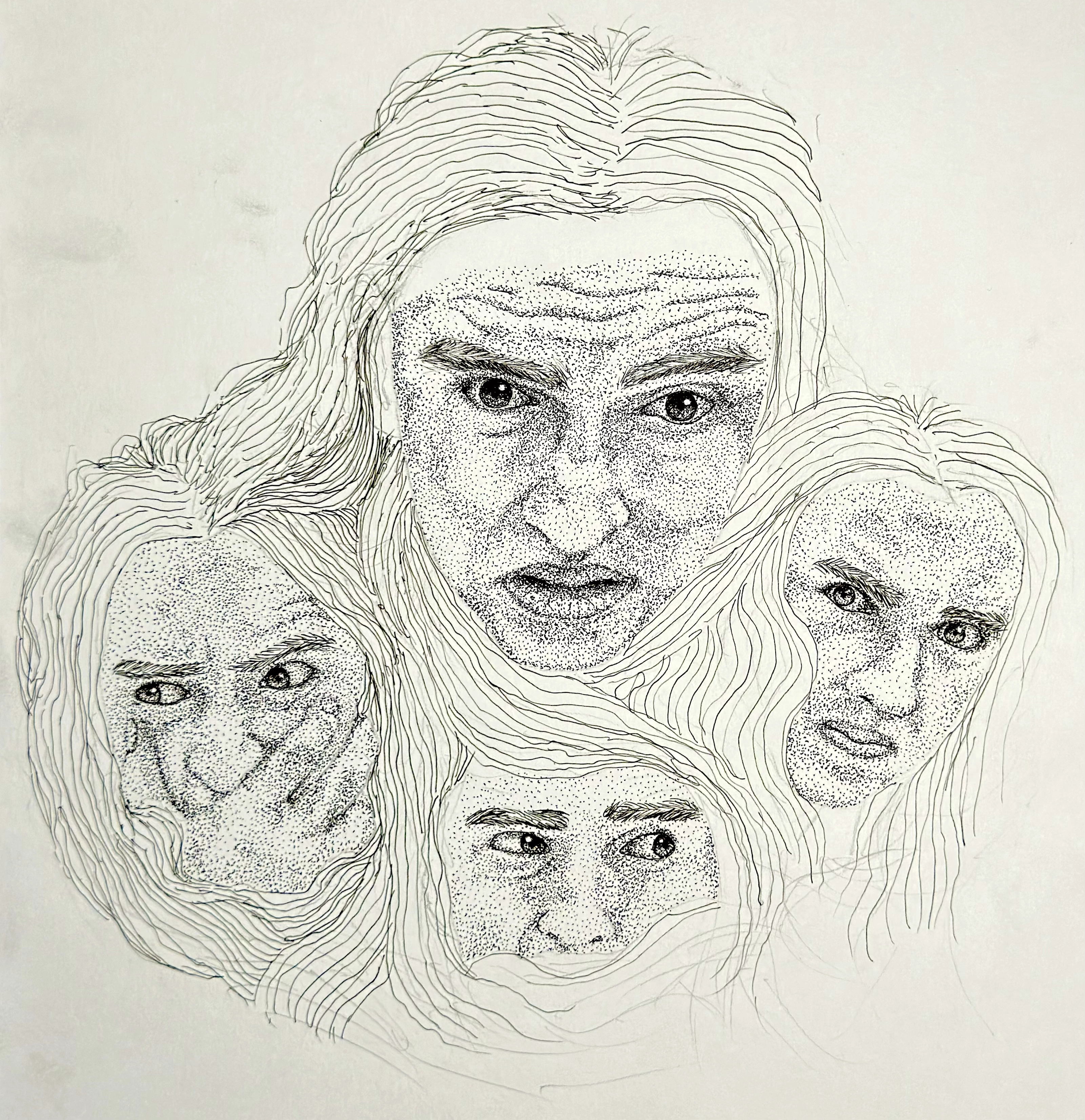 Long Hair Stress, a black-and-white stippled drawing of four overlapping self-portraits with different expressions, connected by long flowing hair