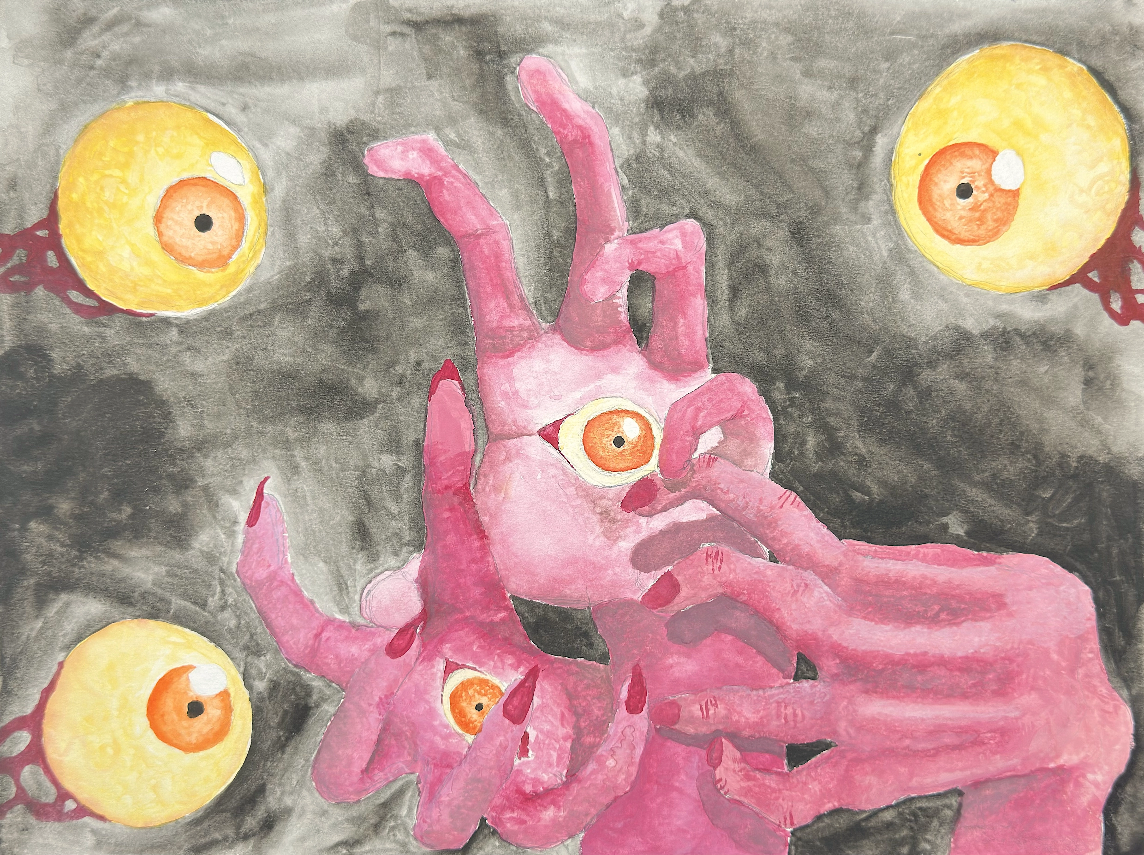 Lust: a colorful painting of a pink tentacled creature with several orange eyes and red markings, set against a smoky gray background with additional floating yellow eyes.