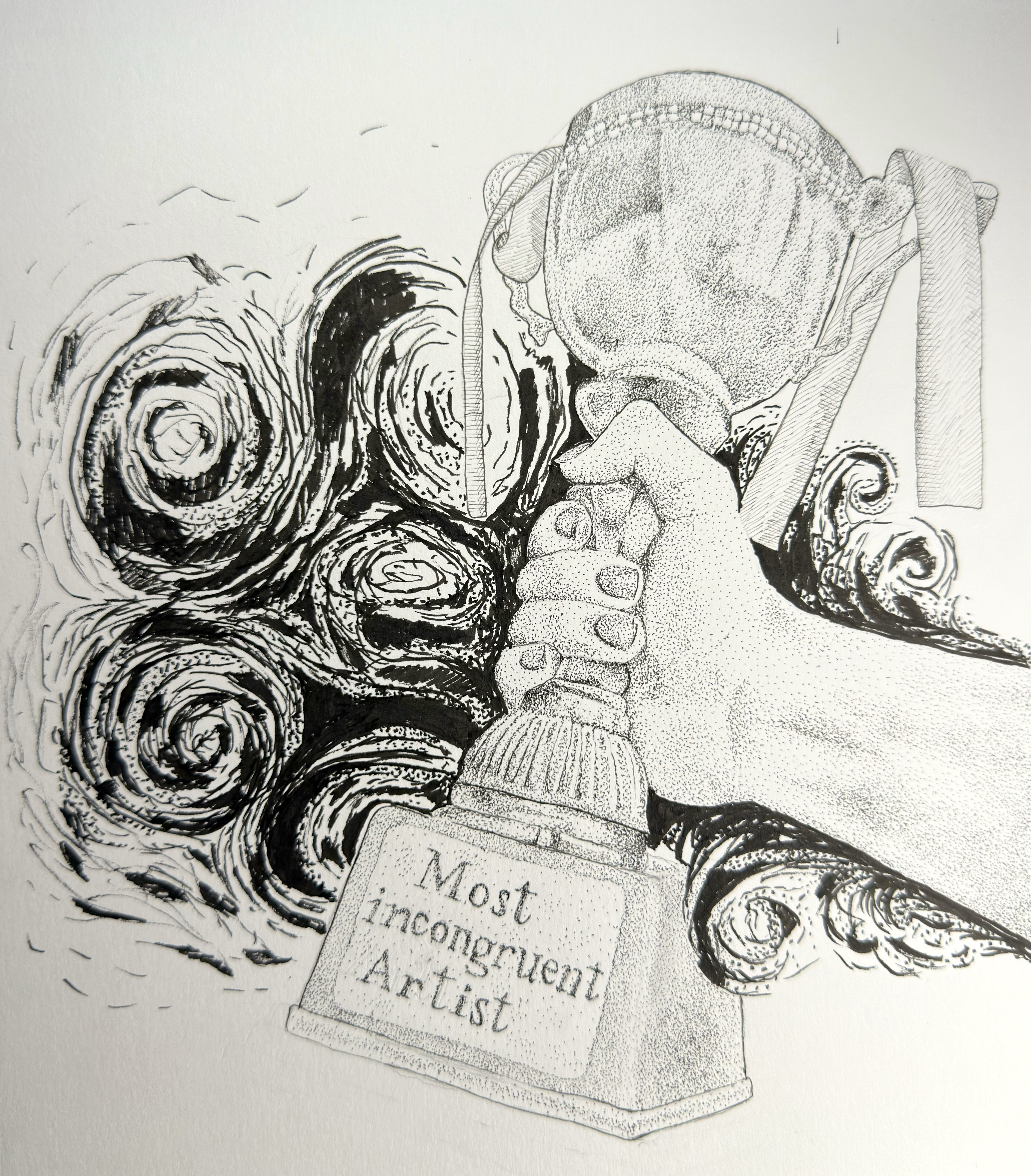 Most Incongruent Artist: a pen self-portrait exploring the contrast between academic grades, artistic recognition, and personal pride.