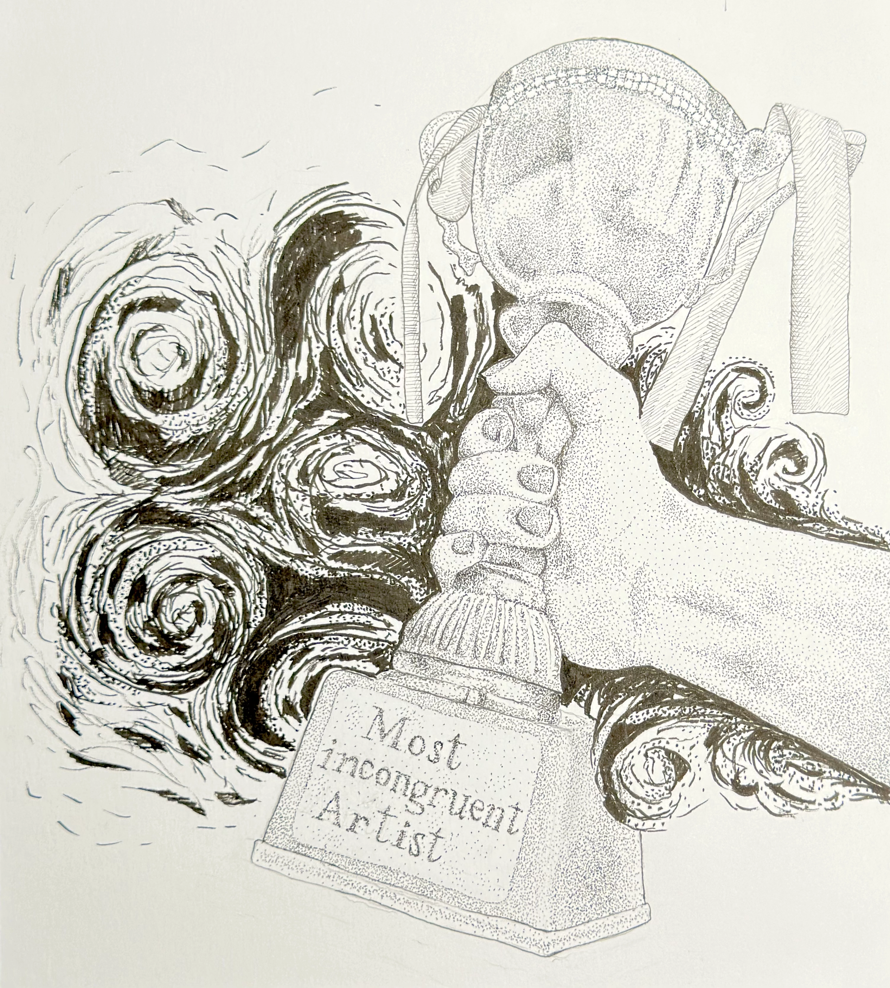 Most Incongruent Artist: a black-and-white stippled drawing of a figure with a large blank head seated among swirling circular forms, holding a sign labeled “Most Incongruent Artist.”
