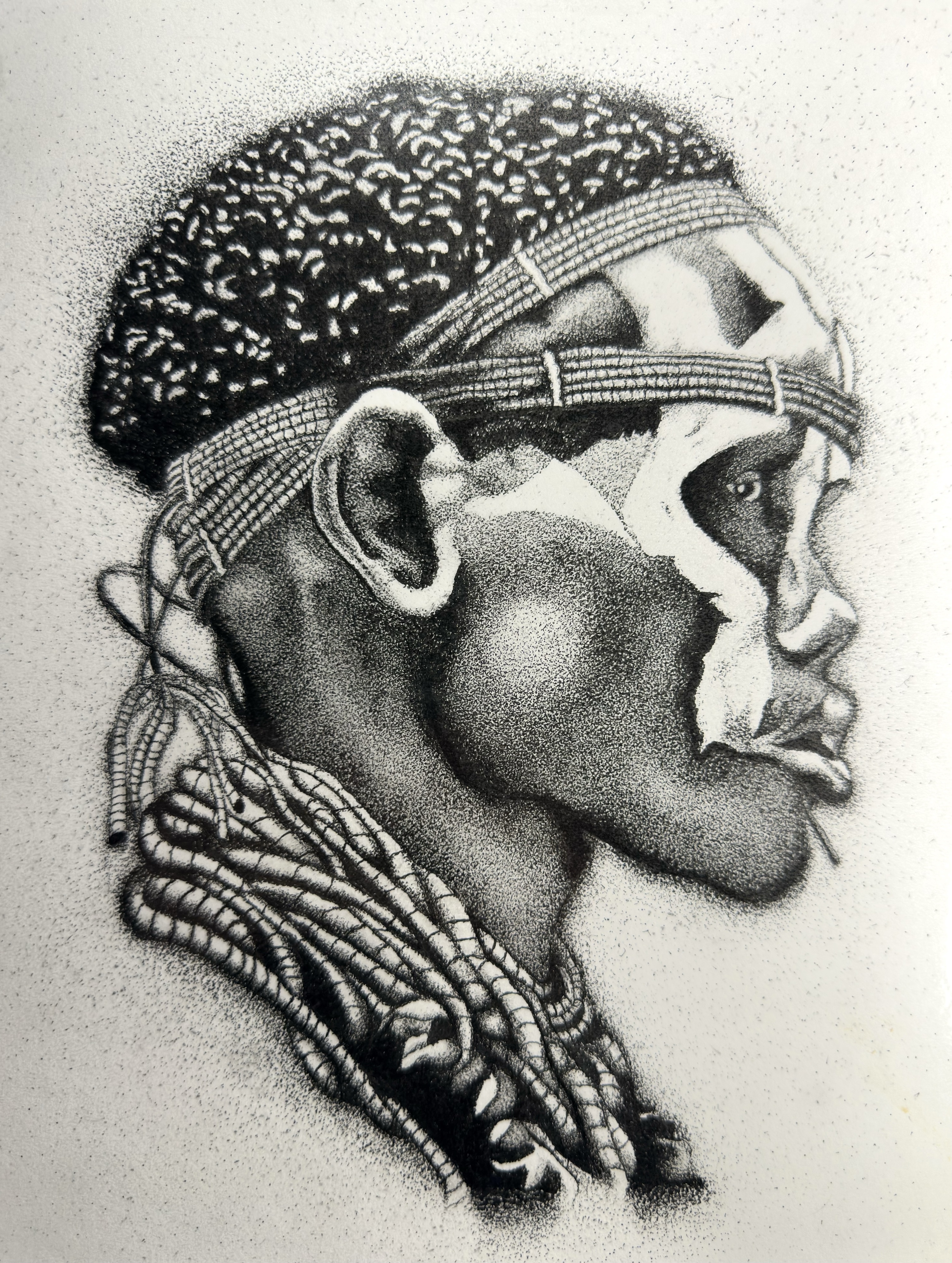 Portrait Study: a stippled Micron pen drawing focused on portrait rendering, value, and careful interpretation of a reference.