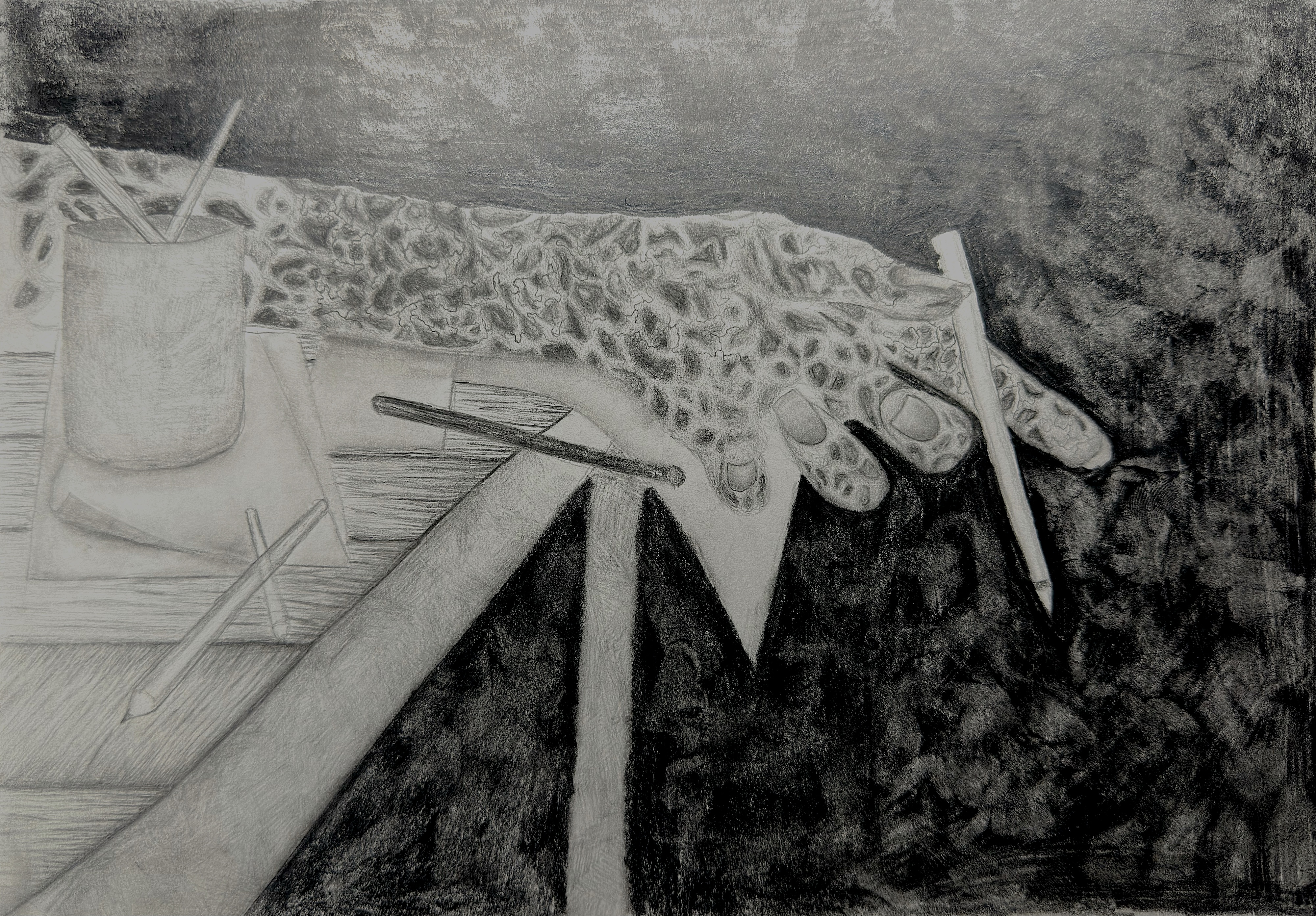 Procrastination: a graphite drawing using imaginative symbolism to examine delay, avoidance, and unfinished action.