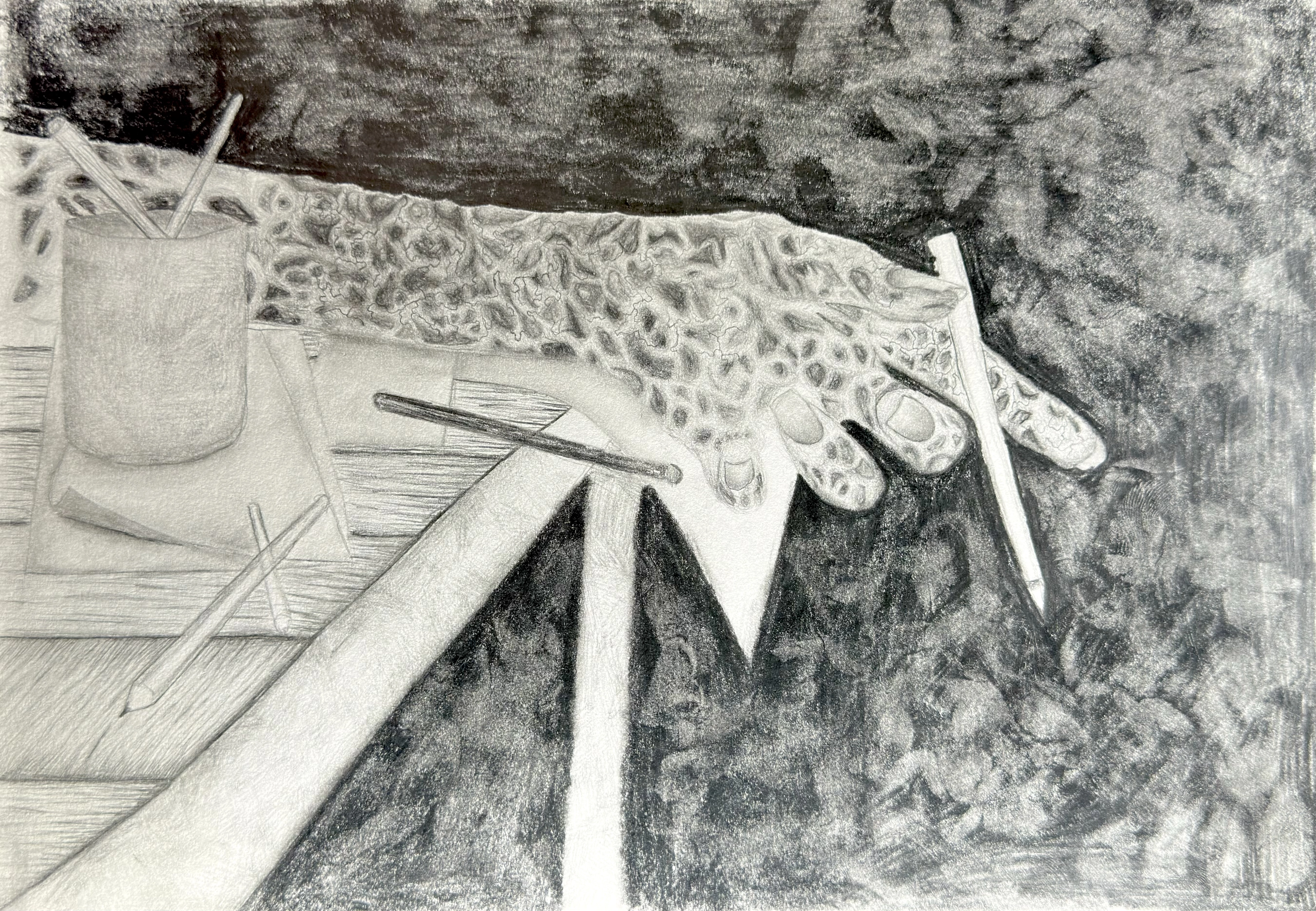 Procrastination: a monochrome drawing of overlapping papers and drawing tools beneath a large patterned wing-like form, with dense graphite texture and unfinished construction lines.