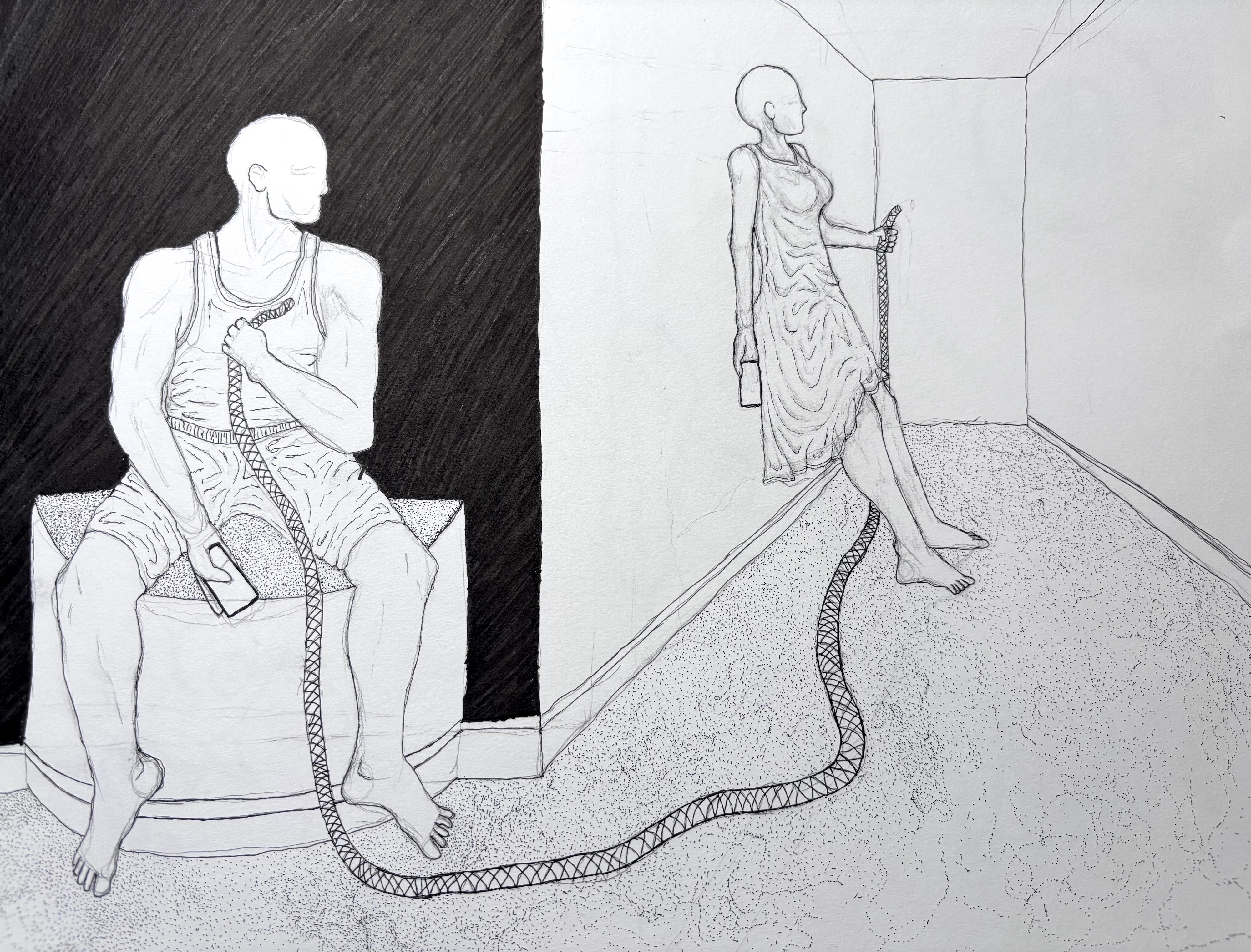 Romeo and Juliet: a Micron pen and charcoal drawing interpreting the tragedy through dramatic contrast and imaginative composition.