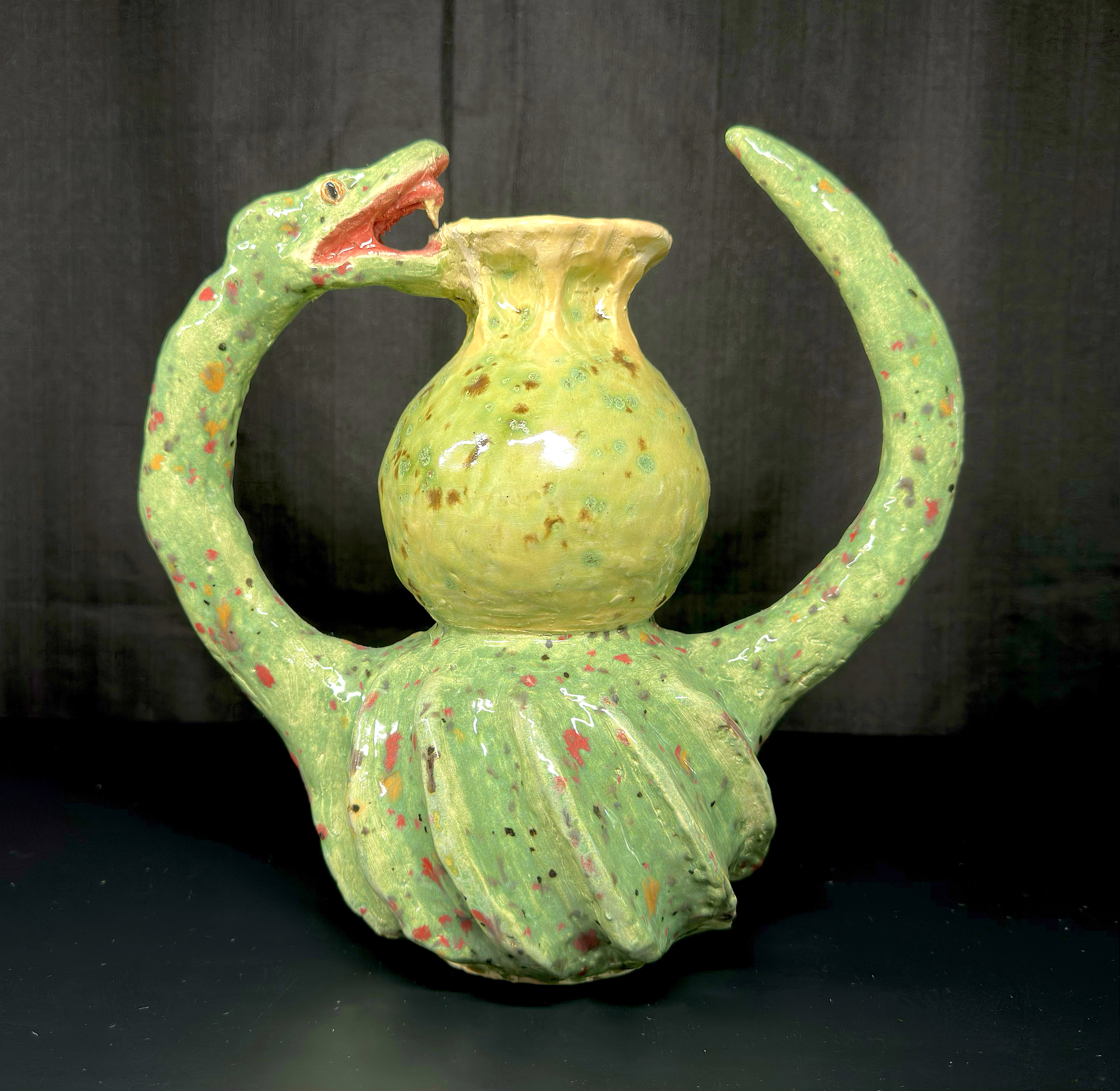 Snake Pot: a glazed ceramic sculpture combining vessel-making, imaginative snake forms, and experimental three-dimensional design.