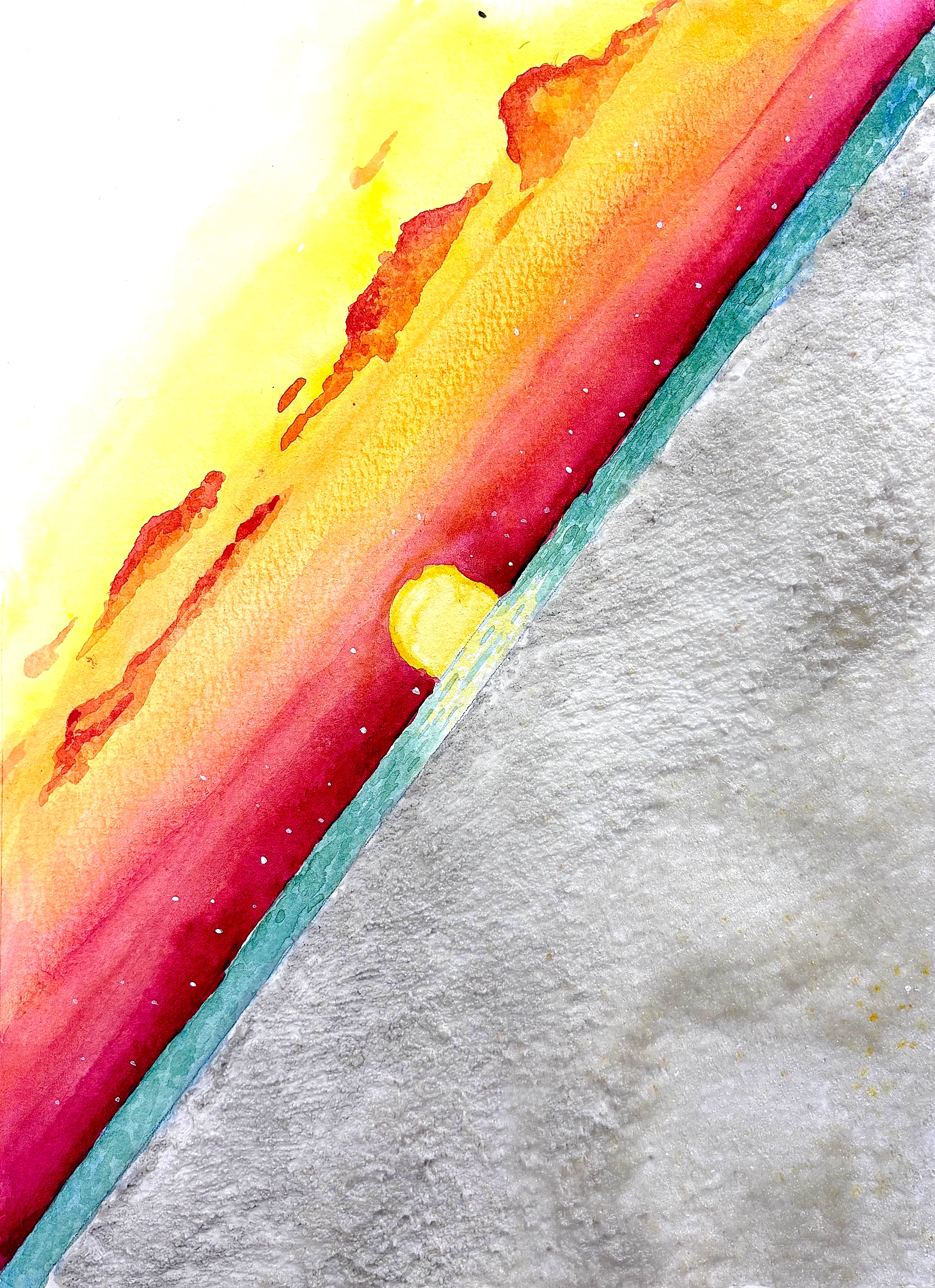 Sunset & Sand: an experimental watercolor painting combining painted color with real sand for added surface texture.