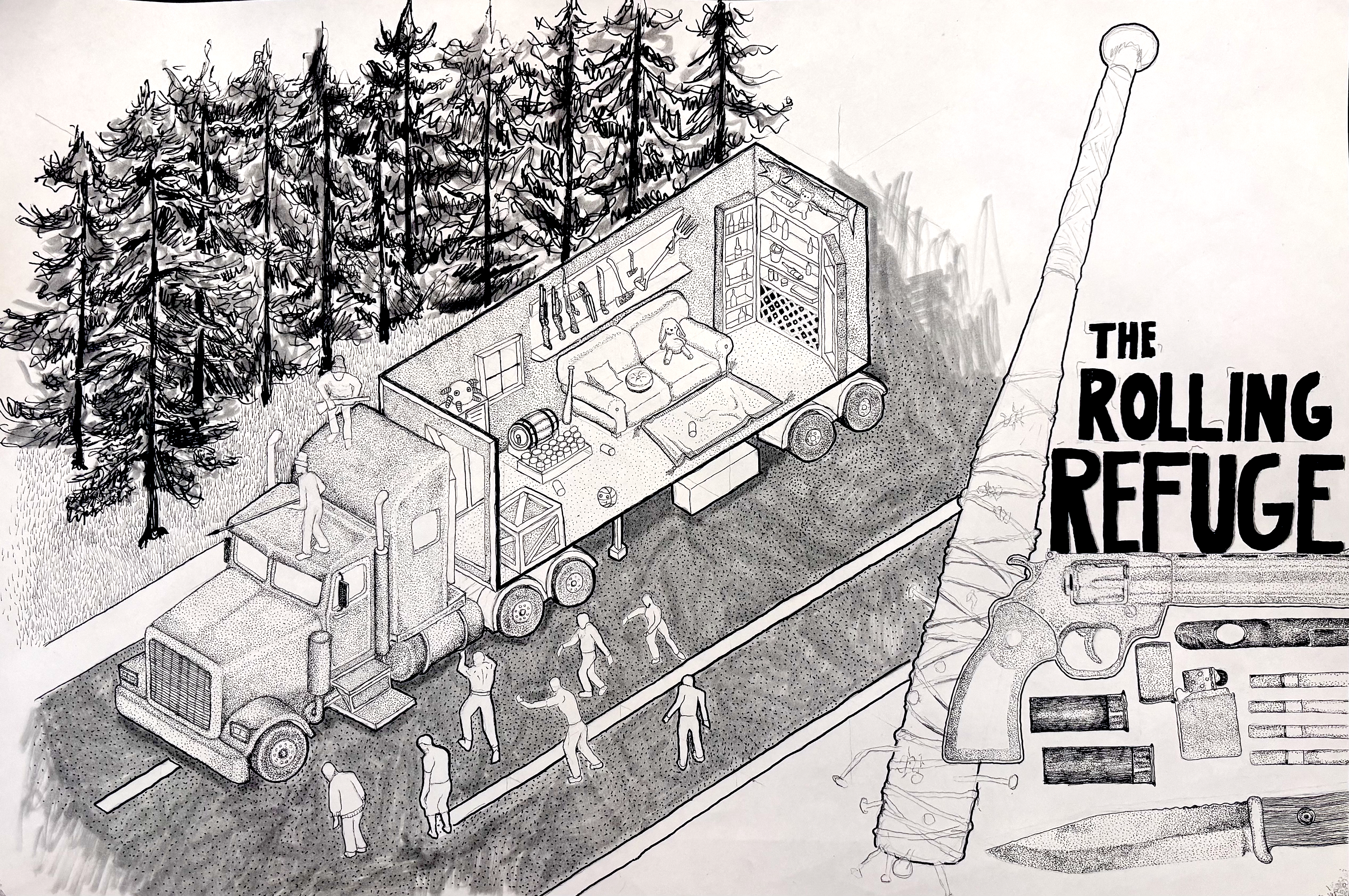 The Rolling Refuge: a pen-and-marker illustration using isometric perspective and dense detail to imagine a mobile survival home.