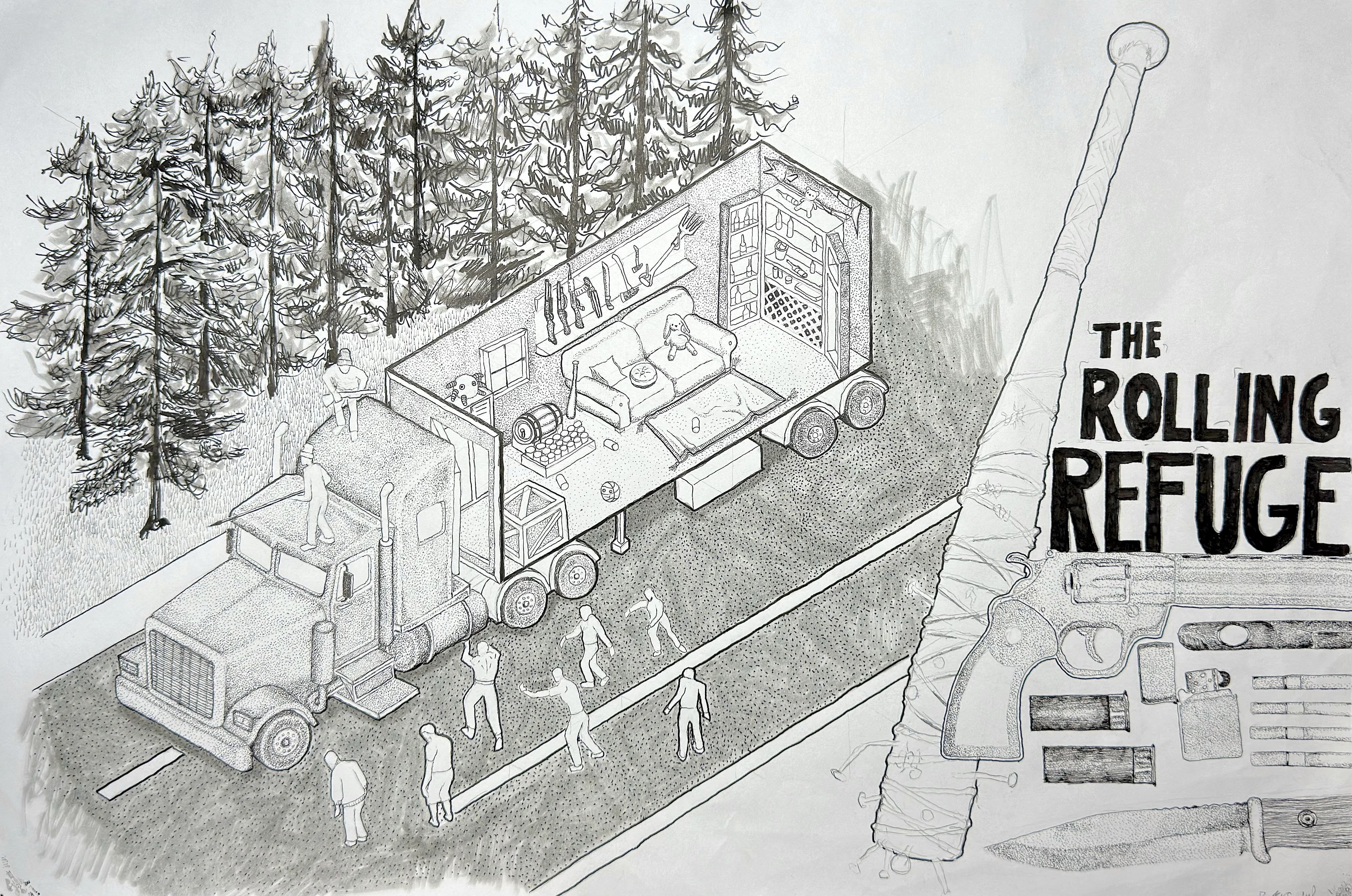 The Rolling Refuge: a wide black-and-white pen drawing of a semi-truck towing an open living-room trailer along a road, surrounded by walking figures and tall forest trees, with a large chimney and the title at right.
