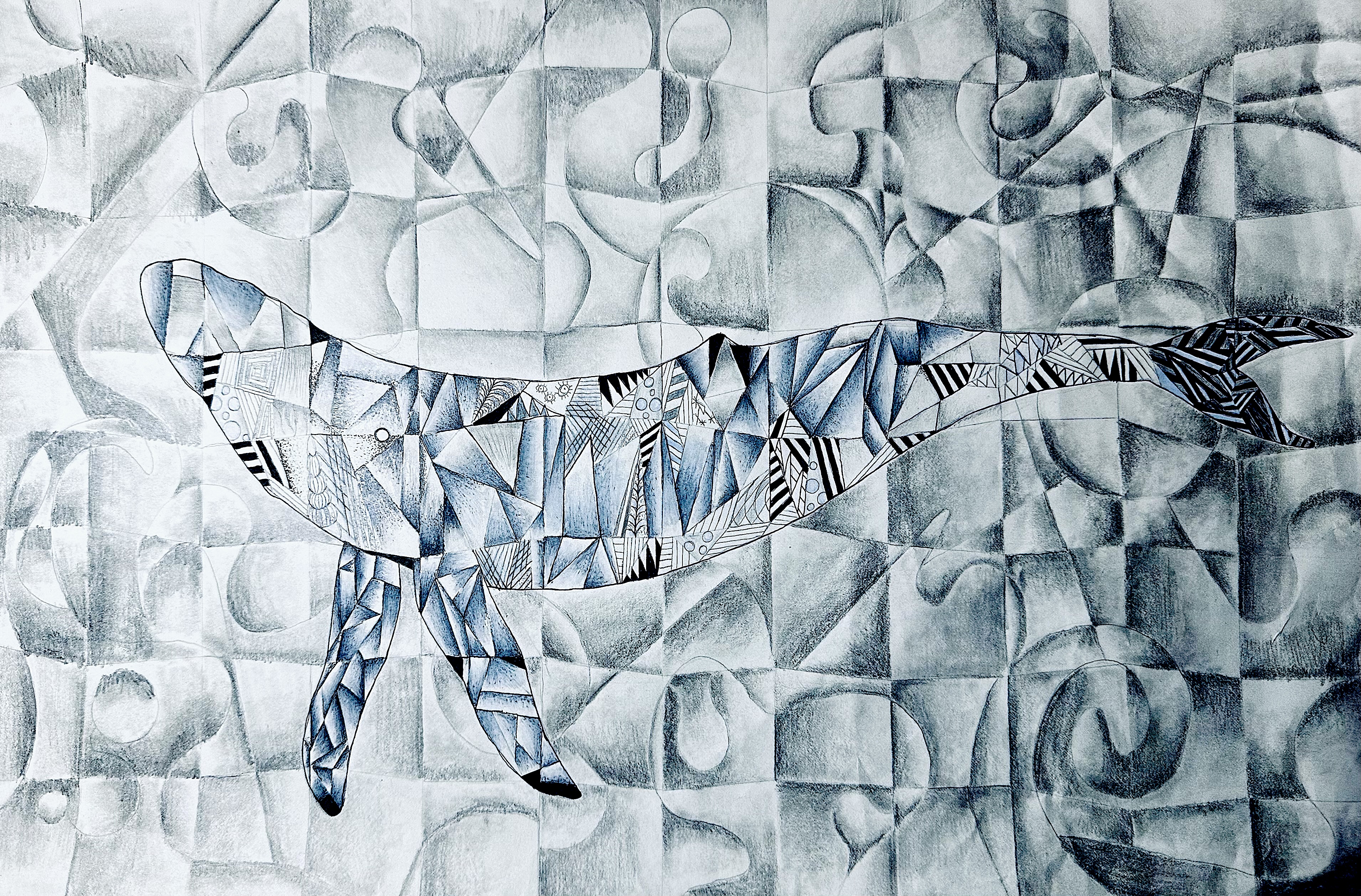 Whale: a mixed-media illustration combining Micron pen and colored pencil in an imaginative marine composition.