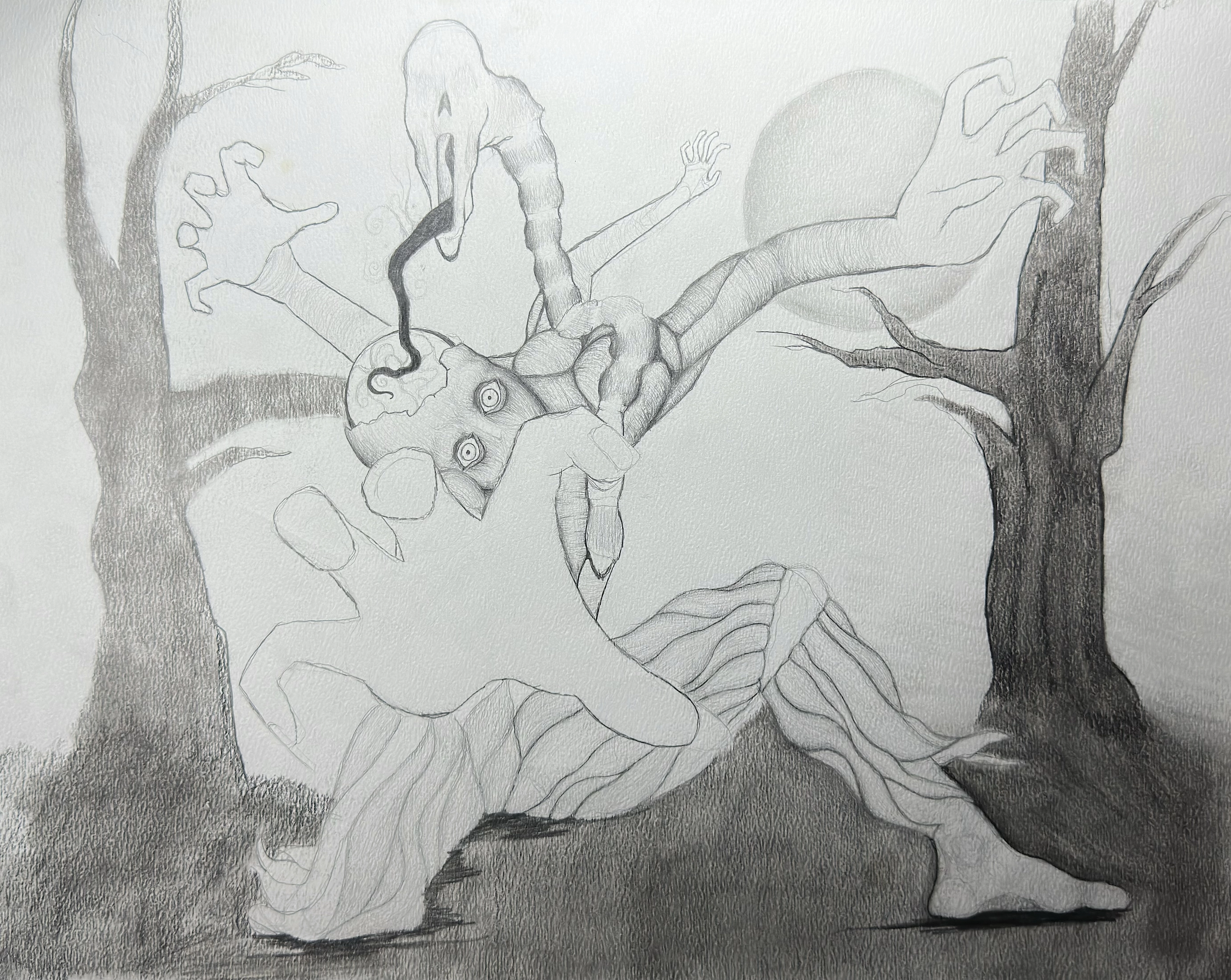 Worm of Envy: a pale pencil drawing of a long, surreal worm-like creature with round eyes and clawed limbs draped across a large rounded form between dark tree trunks, surrounded by flowing organic shapes.