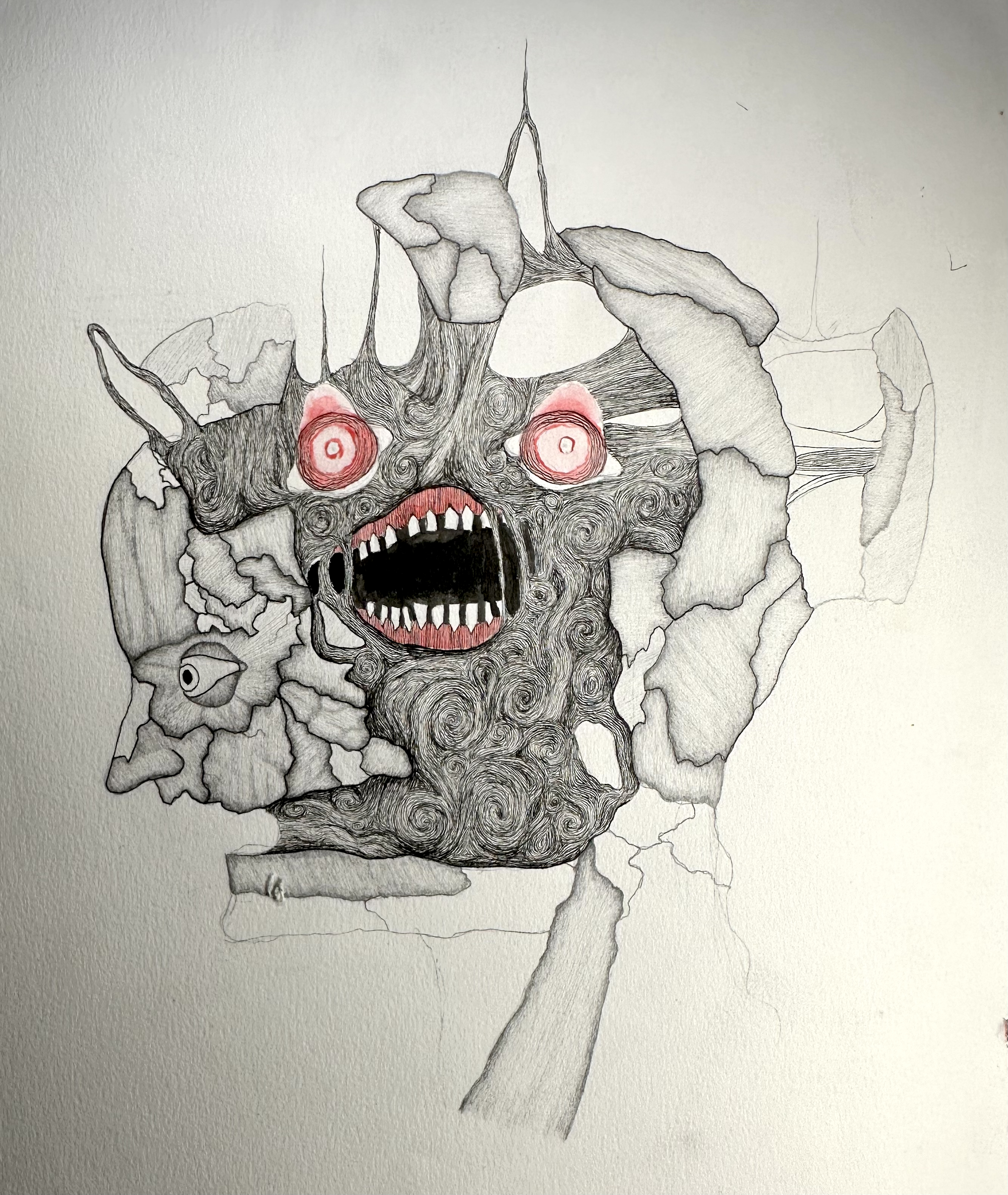 Wrath: a Micron pen and acrylic work using forceful contrast and imaginative symbolism to embody anger.