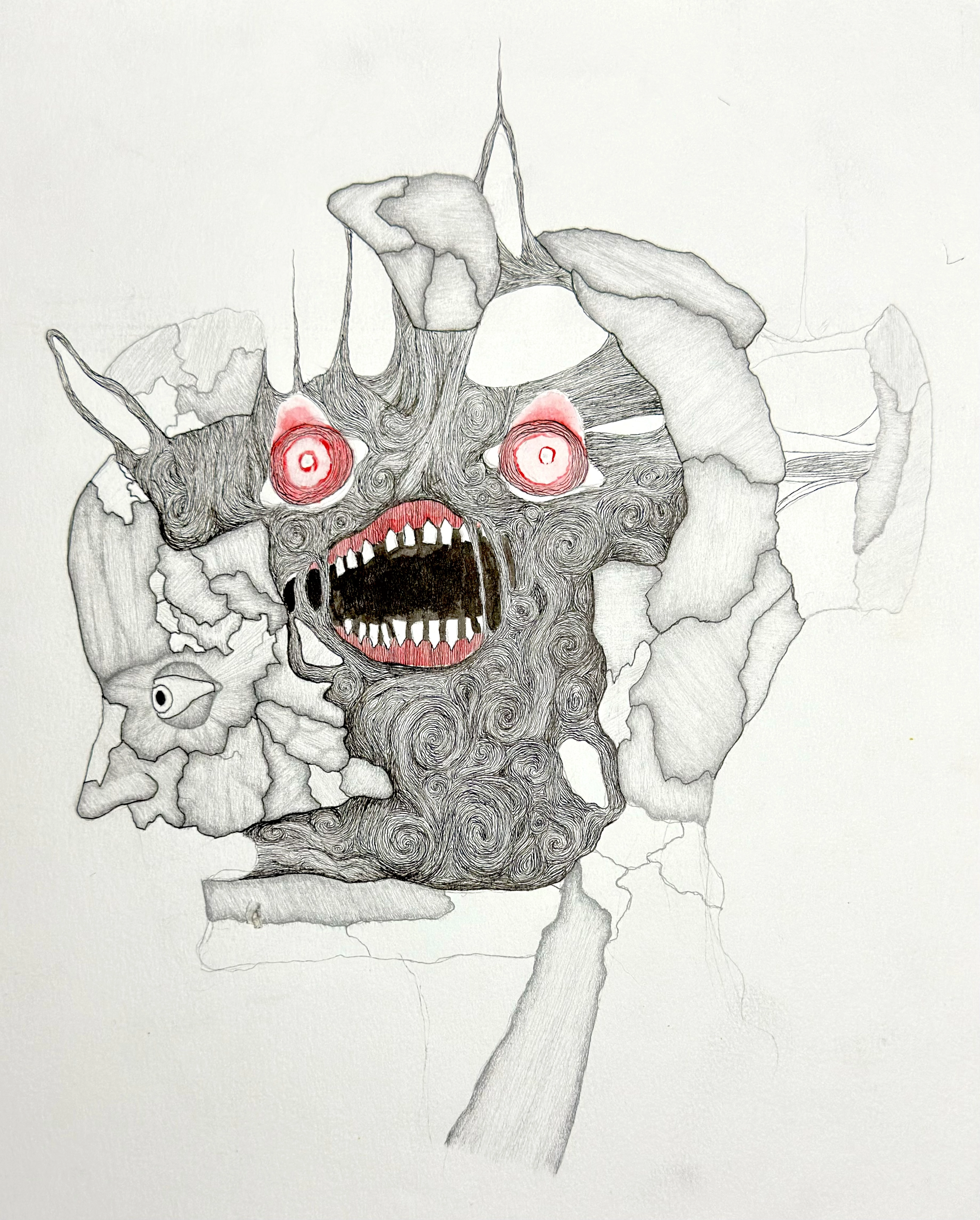 Wrath: a drawing of a furious monster emerging through torn paper, with bulging red eyes, a wide black mouth full of square teeth, curled linework across its face, and ragged fragments surrounding it.